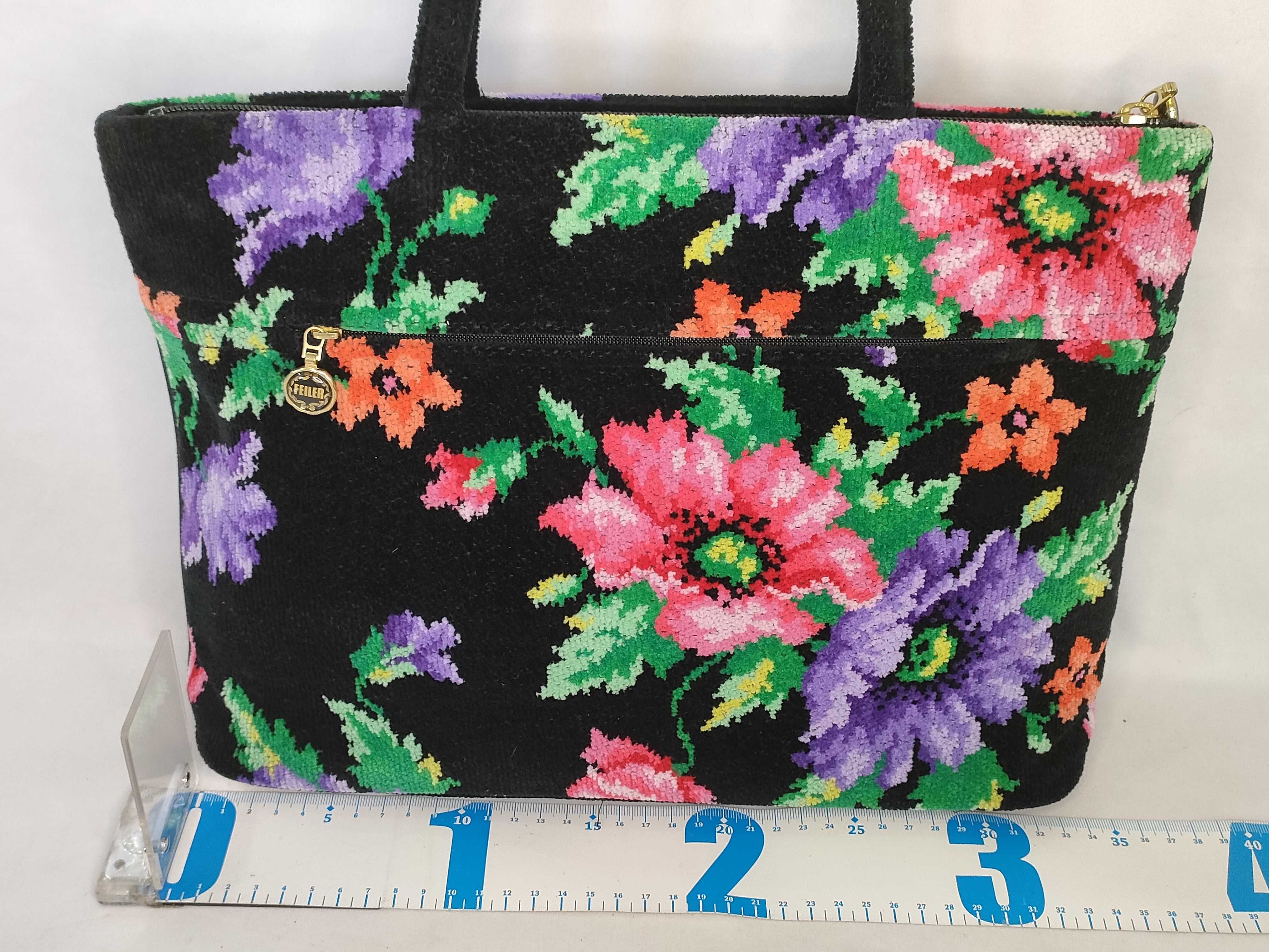 Feiler Floral Pattern Black Chenille Zip-Top Tote Bag