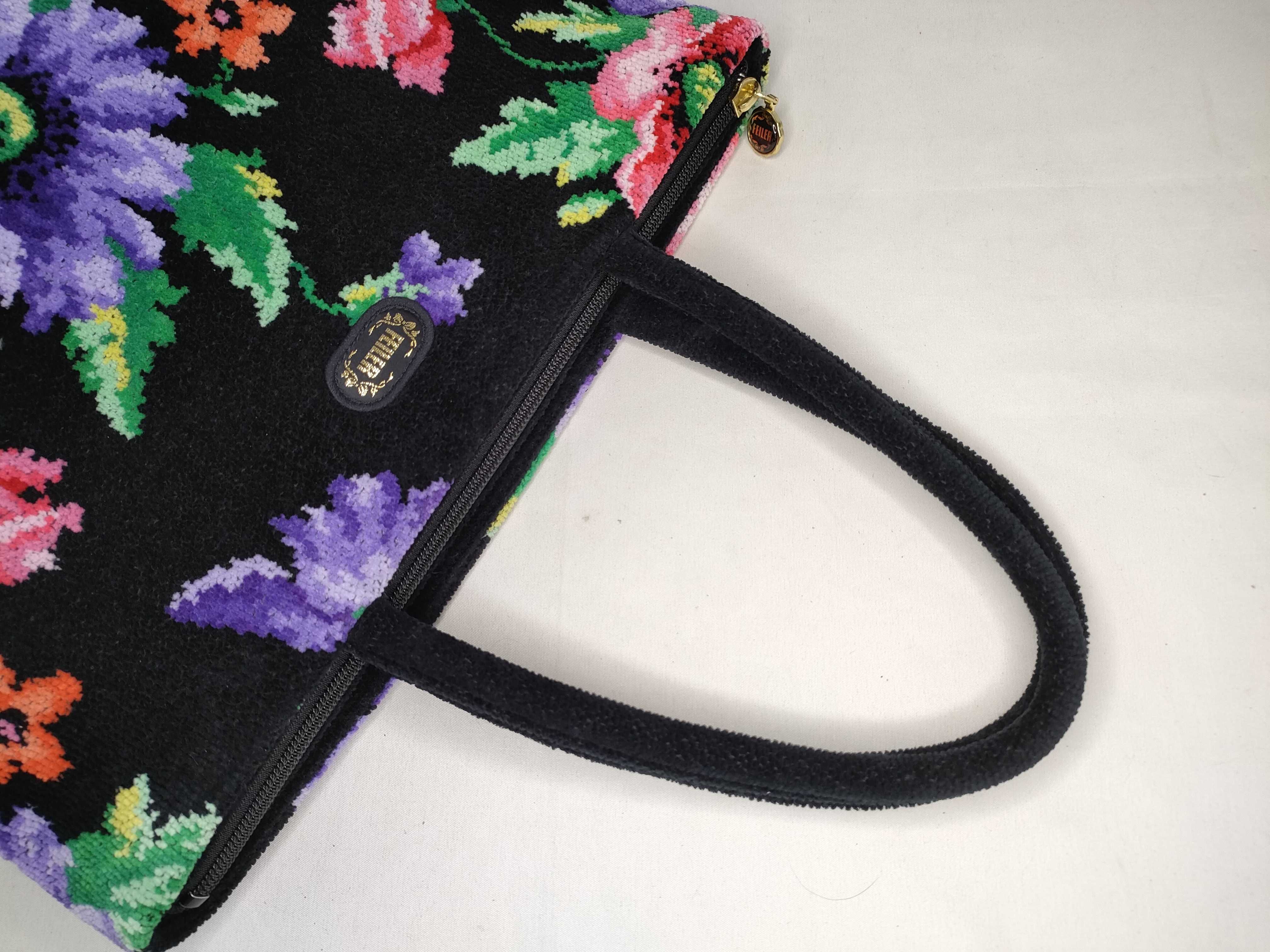 Feiler Floral Pattern Black Chenille Zip-Top Tote Bag
