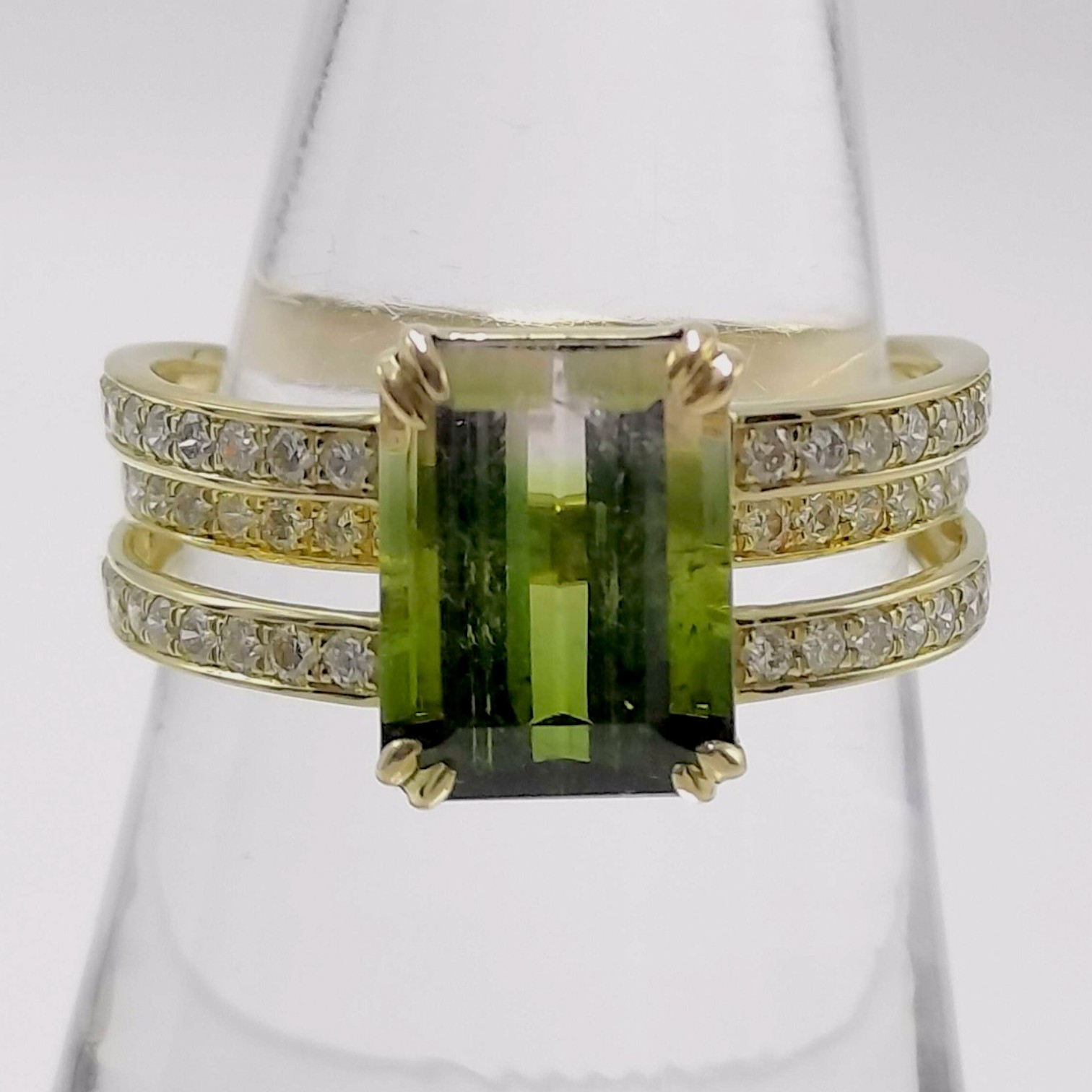 18 Karat Yellow Gold 3.37ct Bi-Color Tourmaline and 0.55ctw Natural Diamond Ring
