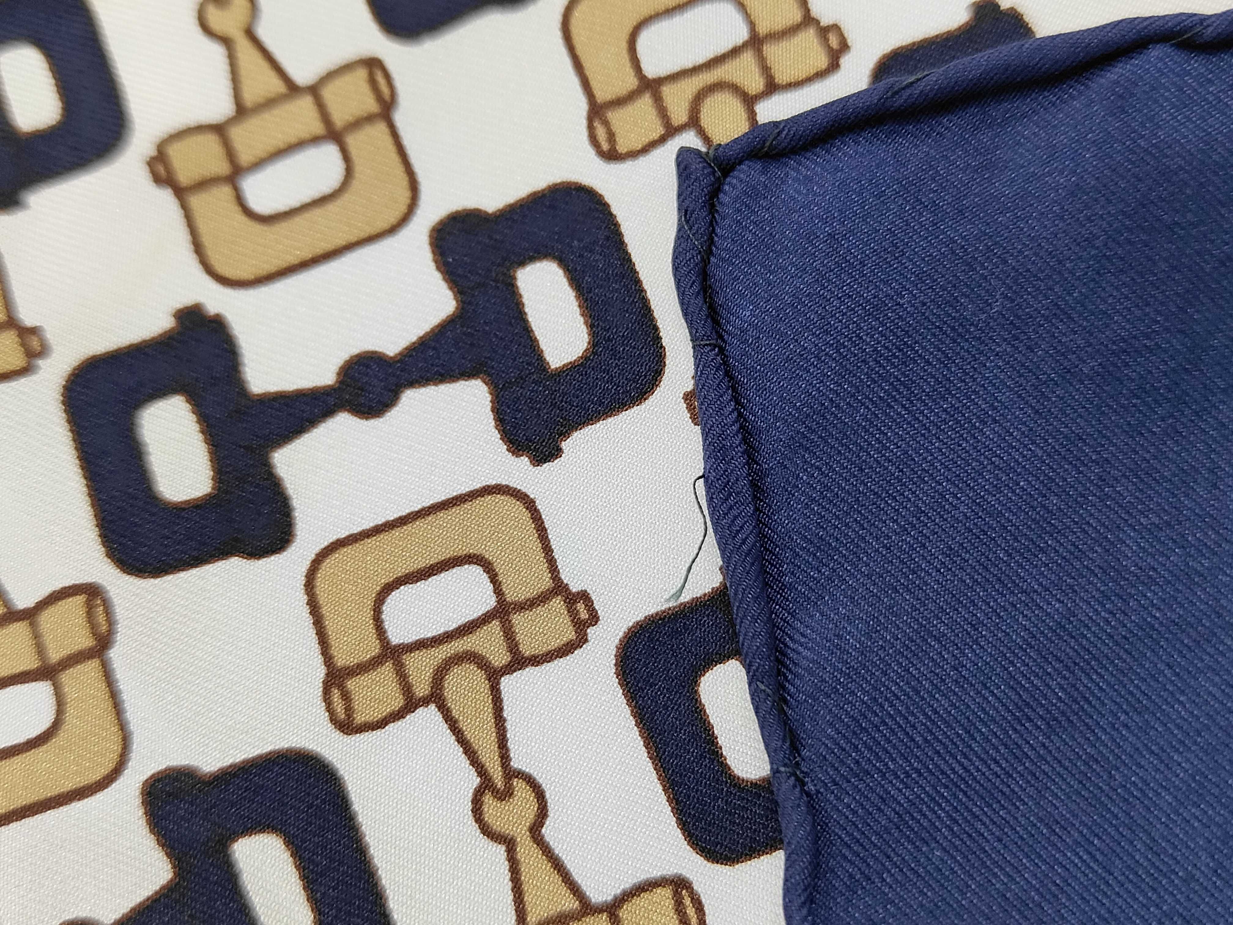 Vintage Gucci Horsebit Motif Navy and Cream Silk Scarf 67 cm
