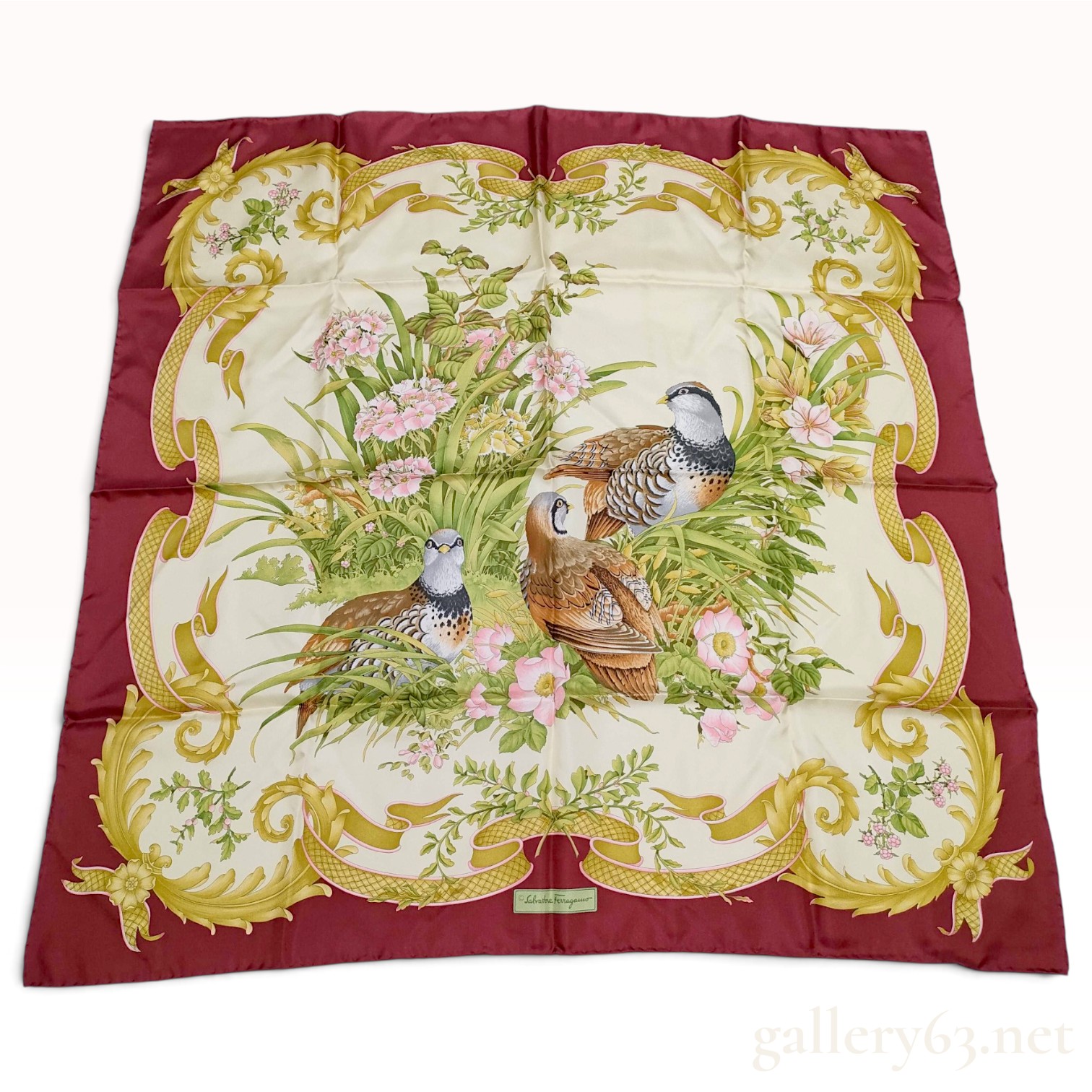 Salvatore Ferragamo Partridge and Floral Print Burgundy Silk Scarf 90 cm