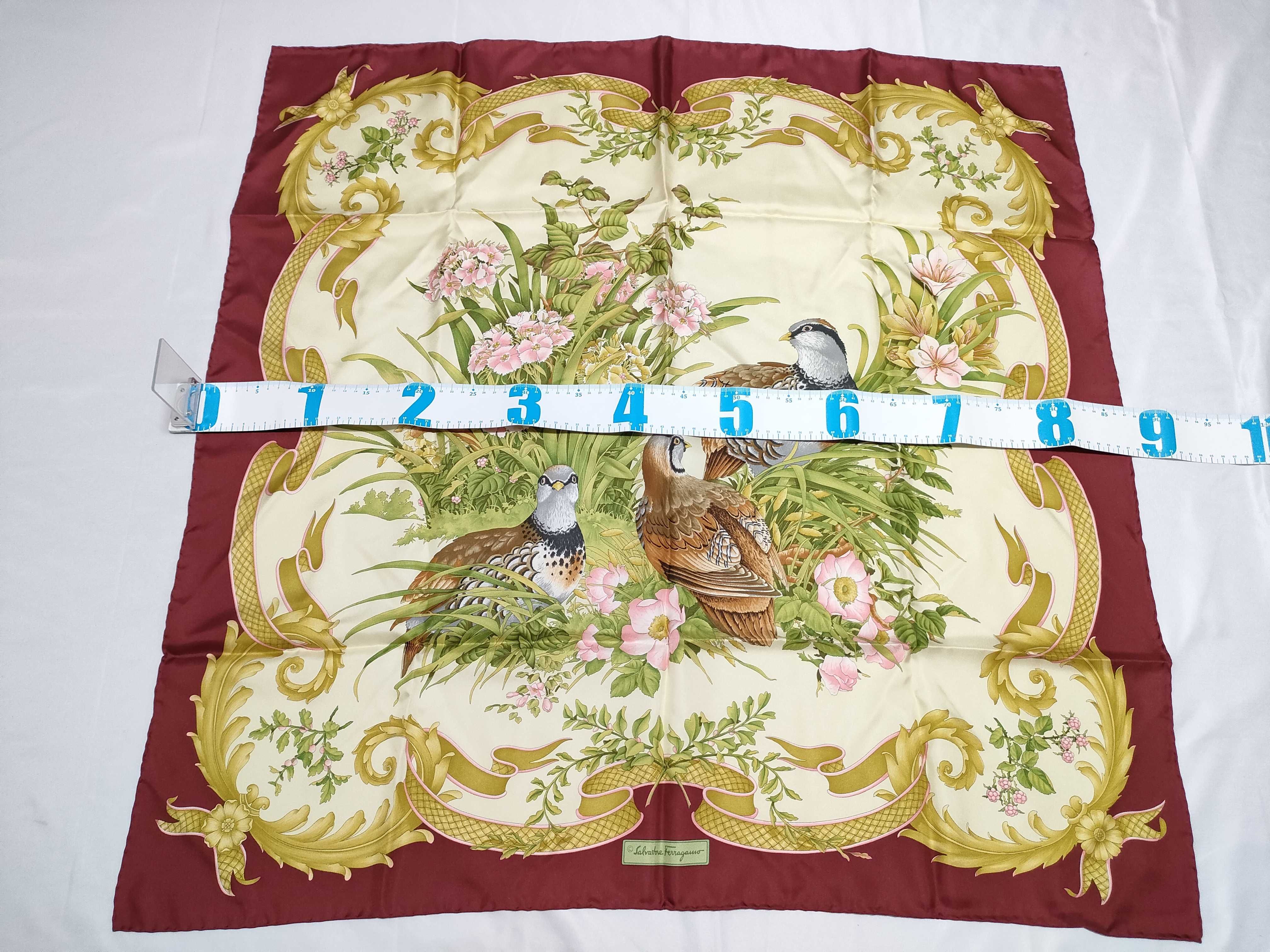 Salvatore Ferragamo Partridge and Floral Print Burgundy Silk Scarf 90 cm