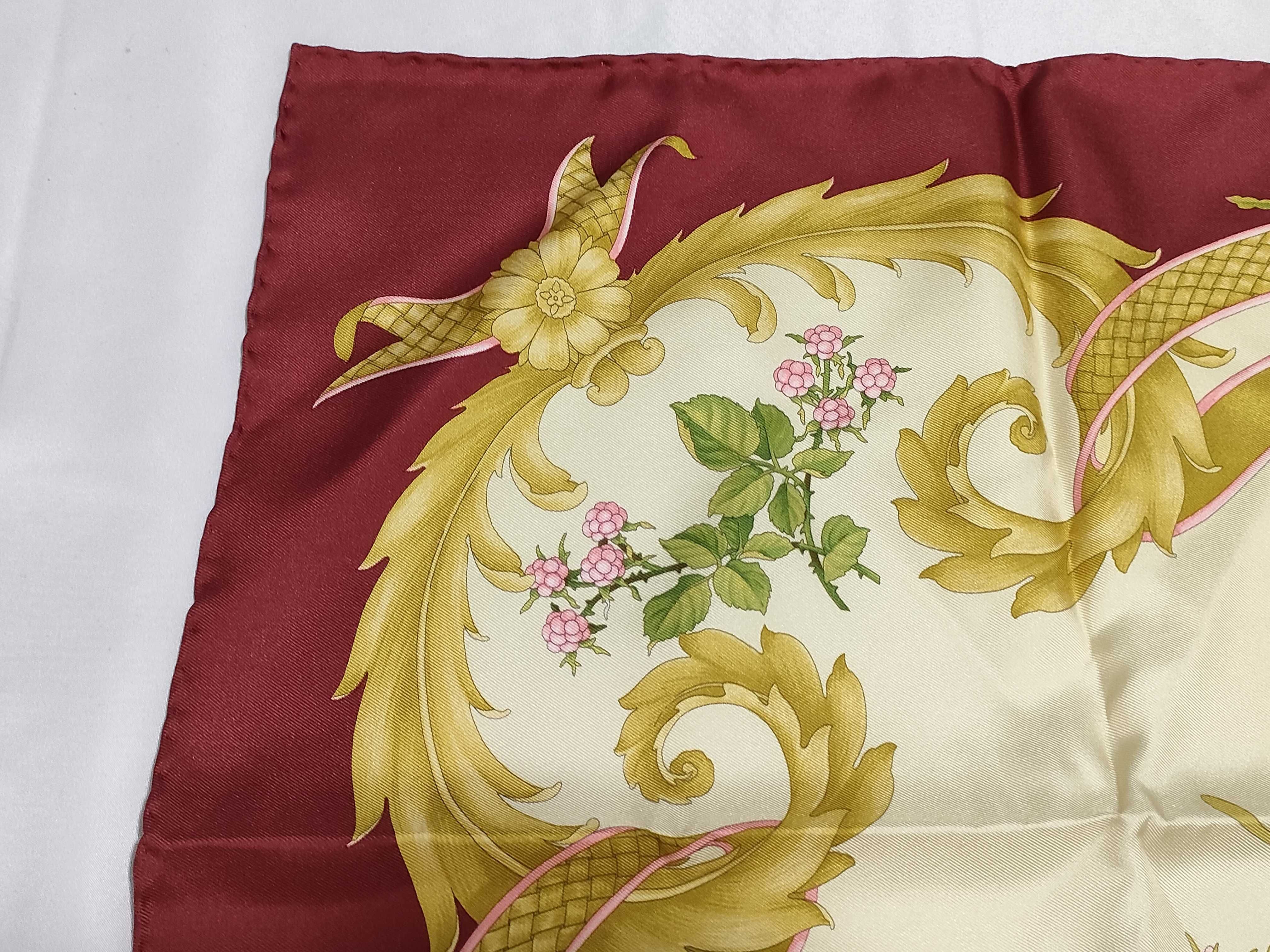 Salvatore Ferragamo Partridge and Floral Print Burgundy Silk Scarf 90 cm
