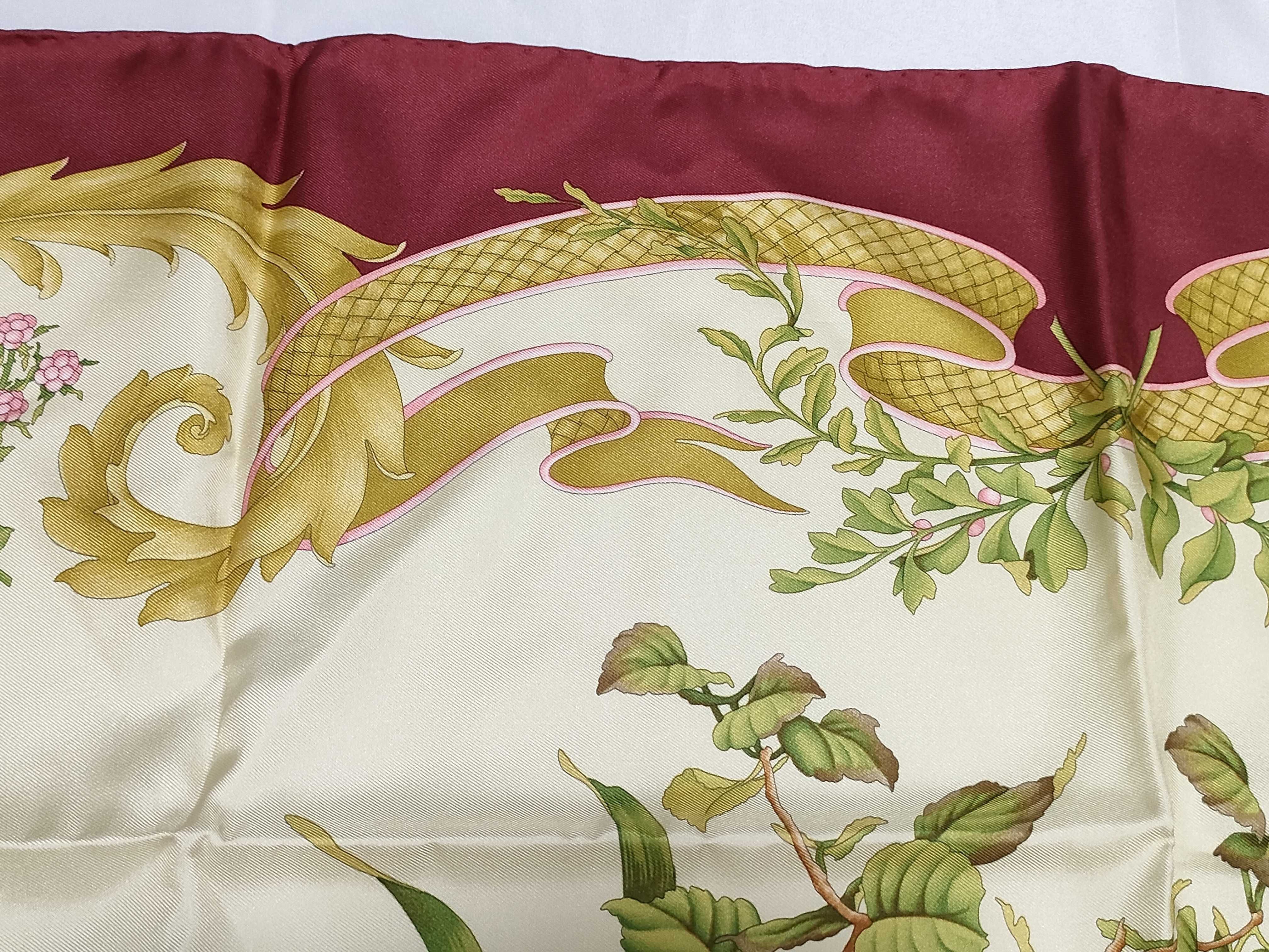 Salvatore Ferragamo Partridge and Floral Print Burgundy Silk Scarf 90 cm