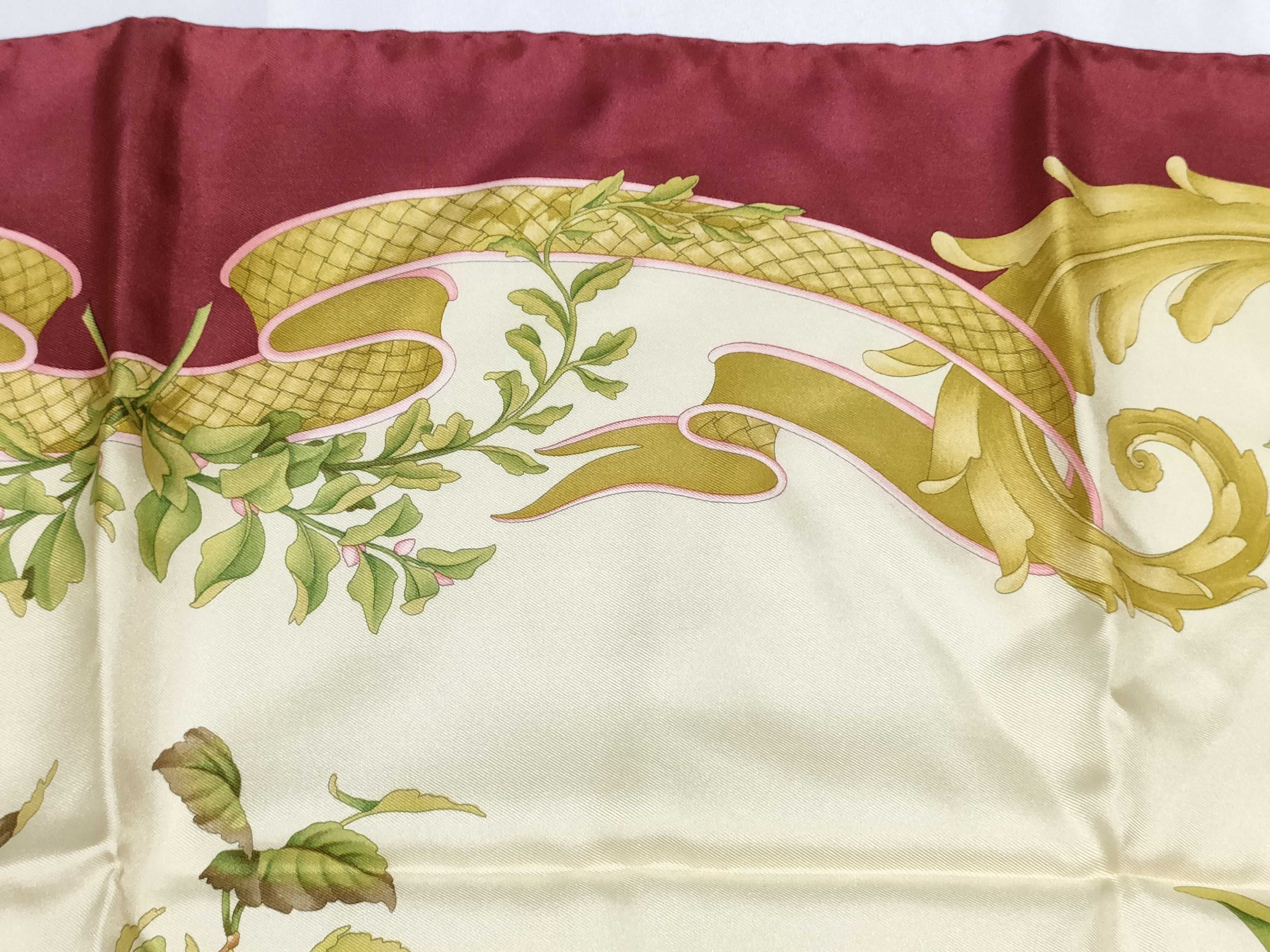 Salvatore Ferragamo Partridge and Floral Print Burgundy Silk Scarf 90 cm