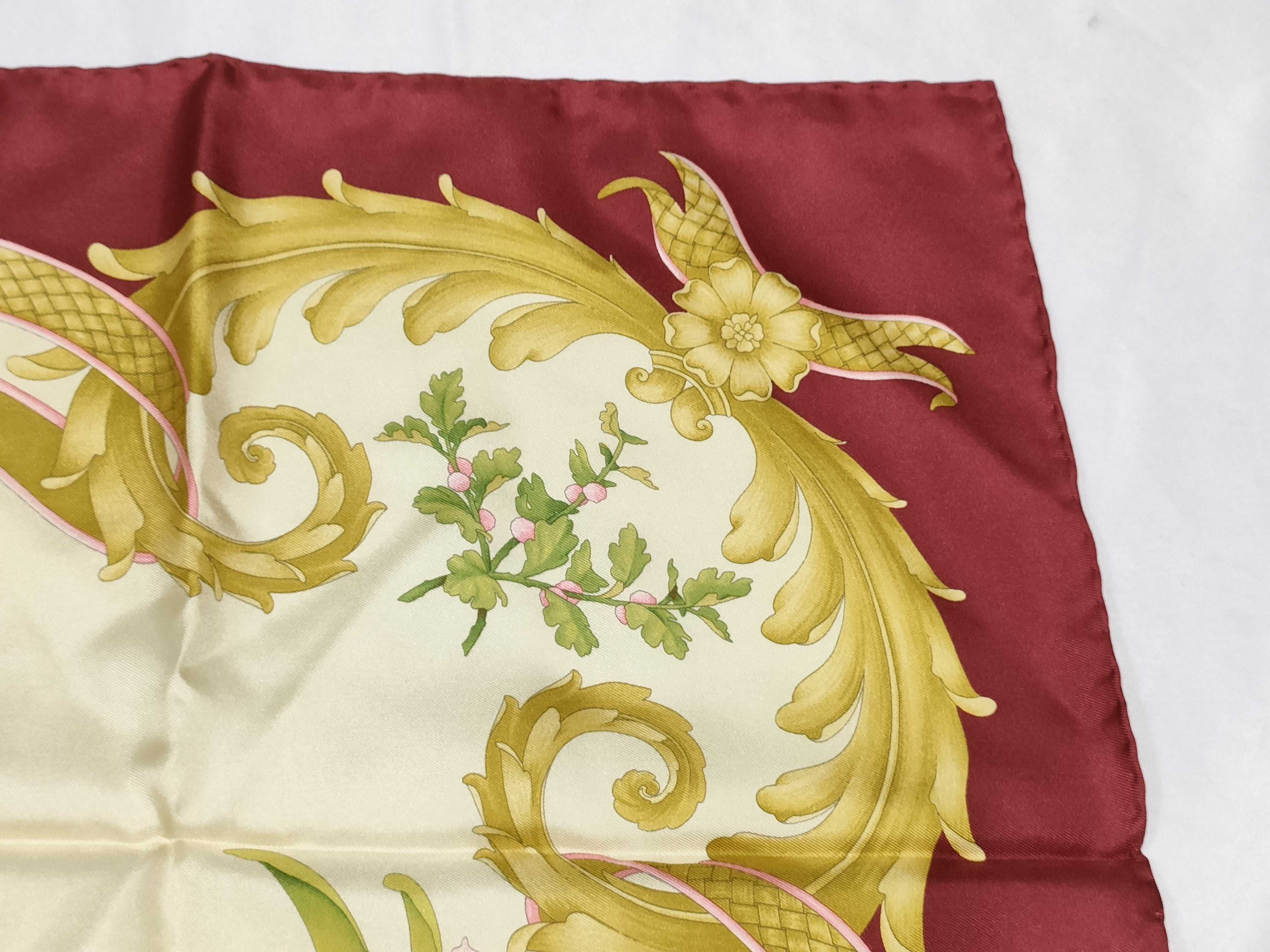 Salvatore Ferragamo Partridge and Floral Print Burgundy Silk Scarf 90 cm