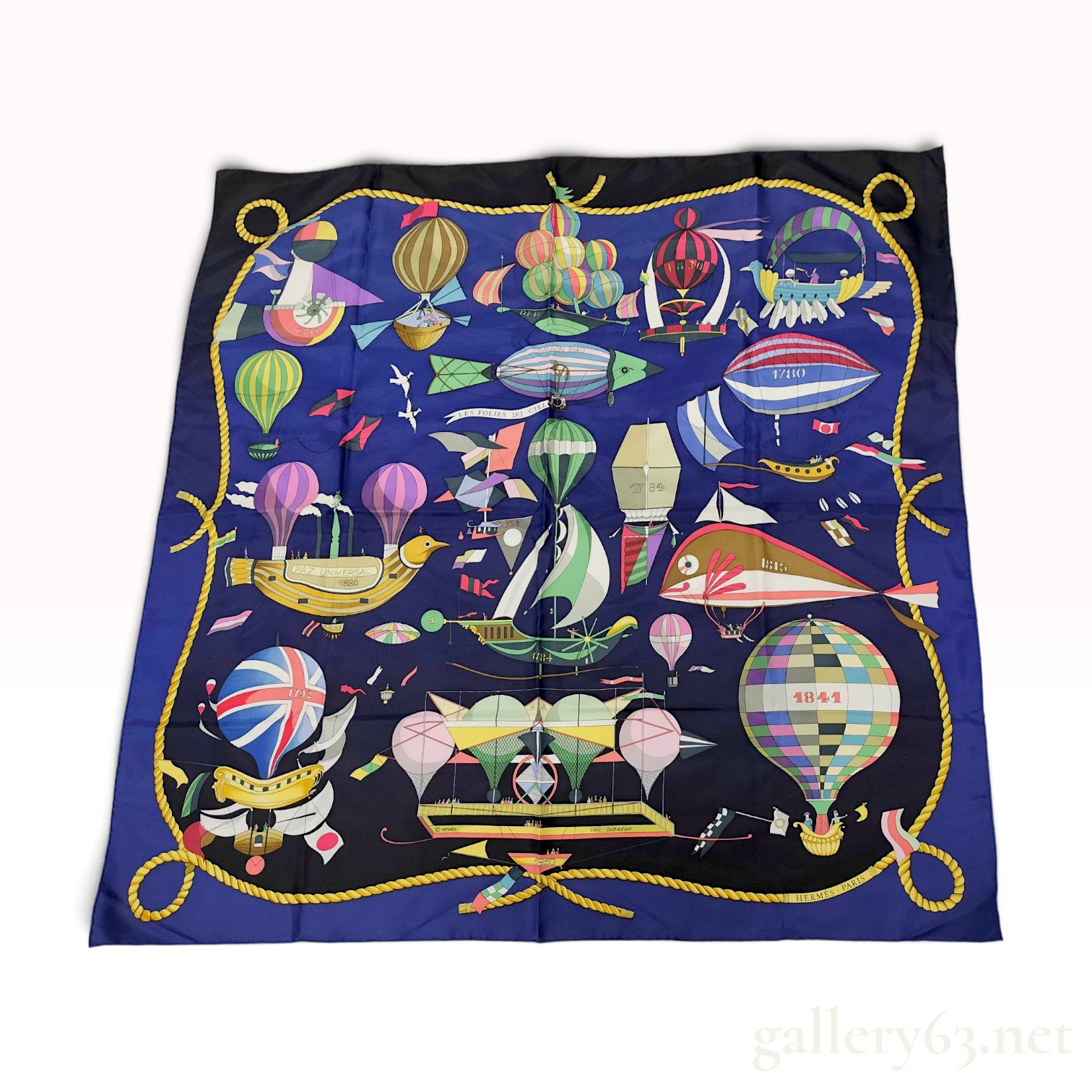 Vintage Hermes Les Folies du Ciel (The Follies of the Sky) Blue Silk Carre 90