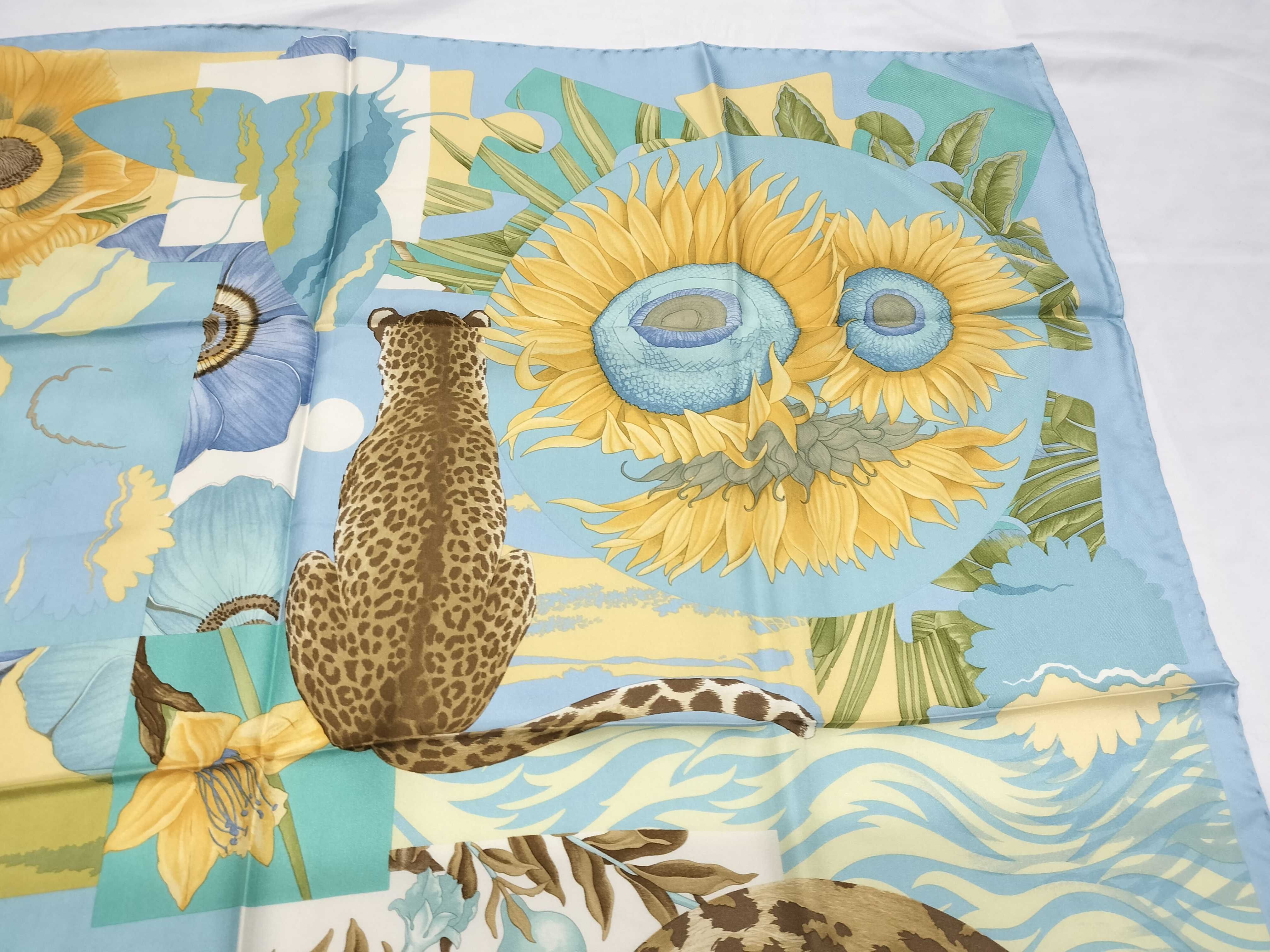 Vintage Salvatore Ferragamo Wildlife Collage Print Blue Silk Scarf 90 cm with Box