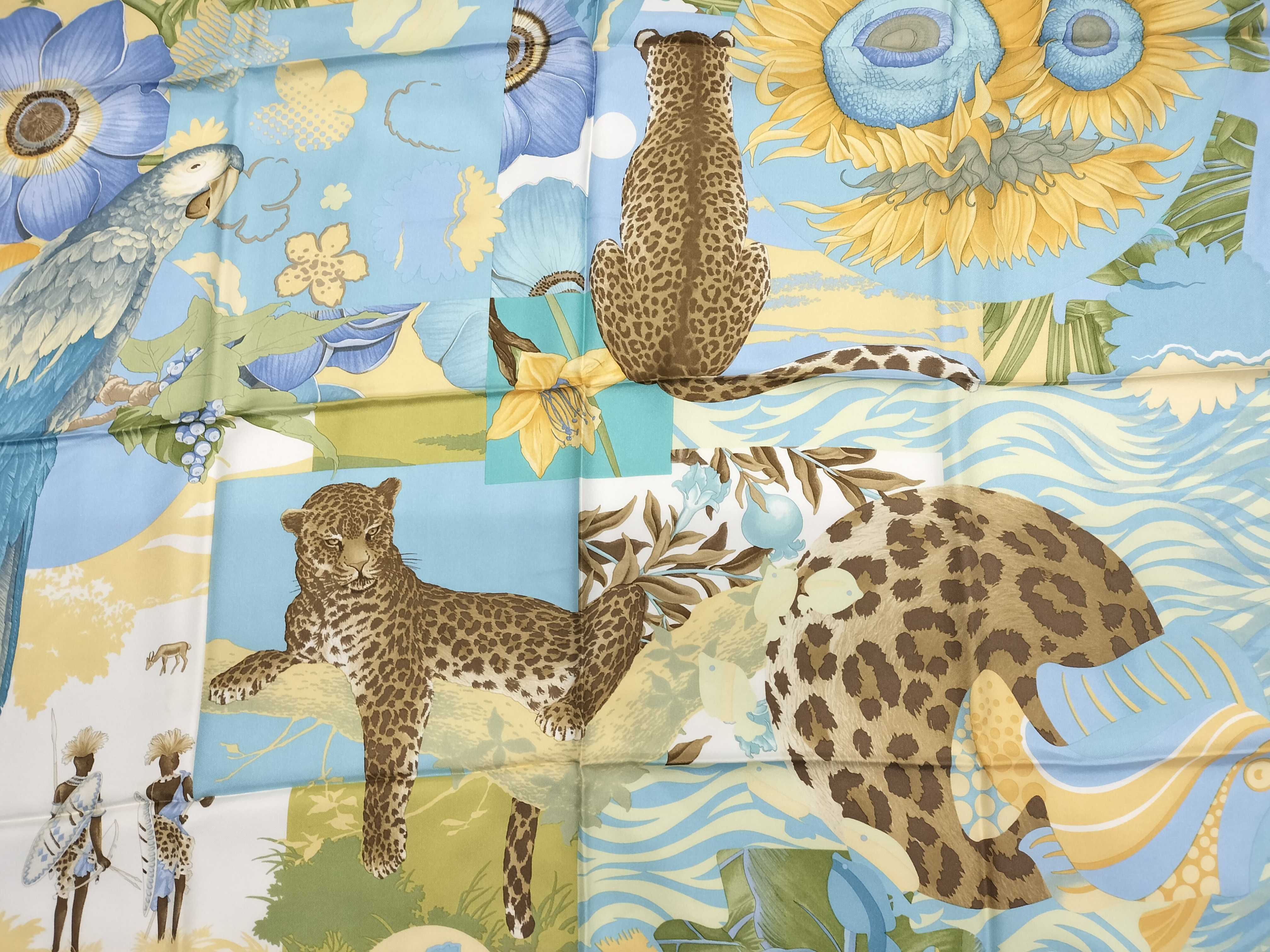 Vintage Salvatore Ferragamo Wildlife Collage Print Blue Silk Scarf 90 cm with Box