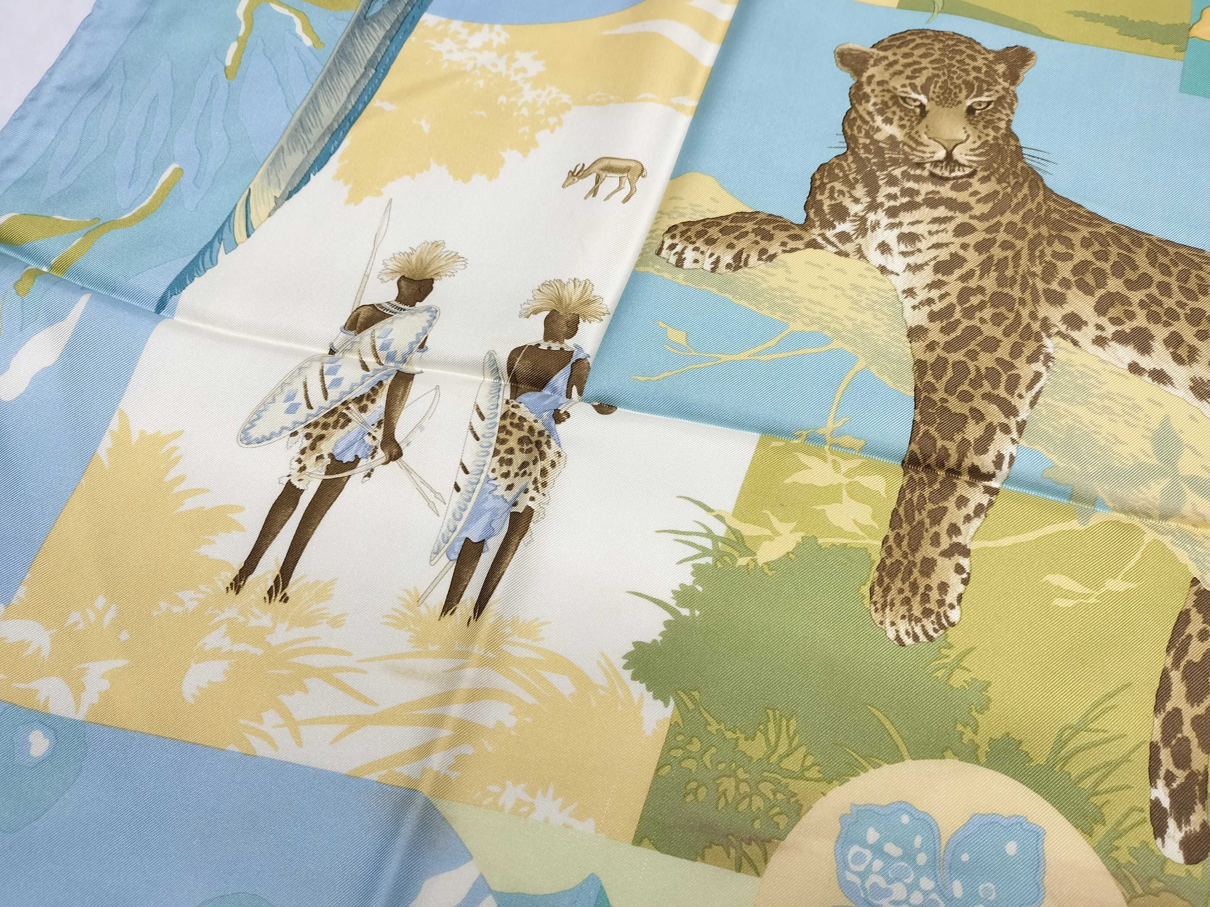 Vintage Salvatore Ferragamo Wildlife Collage Print Blue Silk Scarf 90 cm with Box