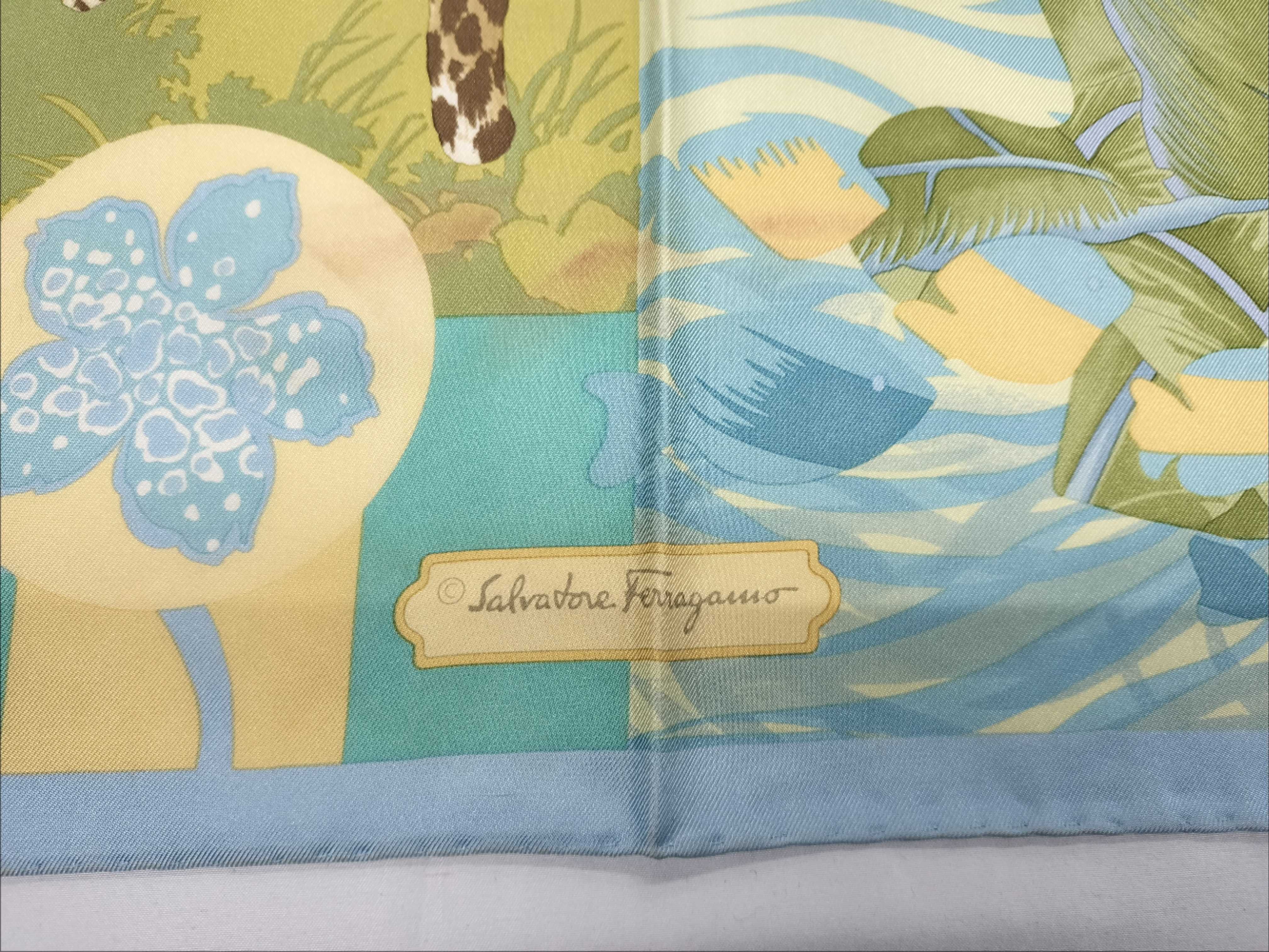 Vintage Salvatore Ferragamo Wildlife Collage Print Blue Silk Scarf 90 cm with Box