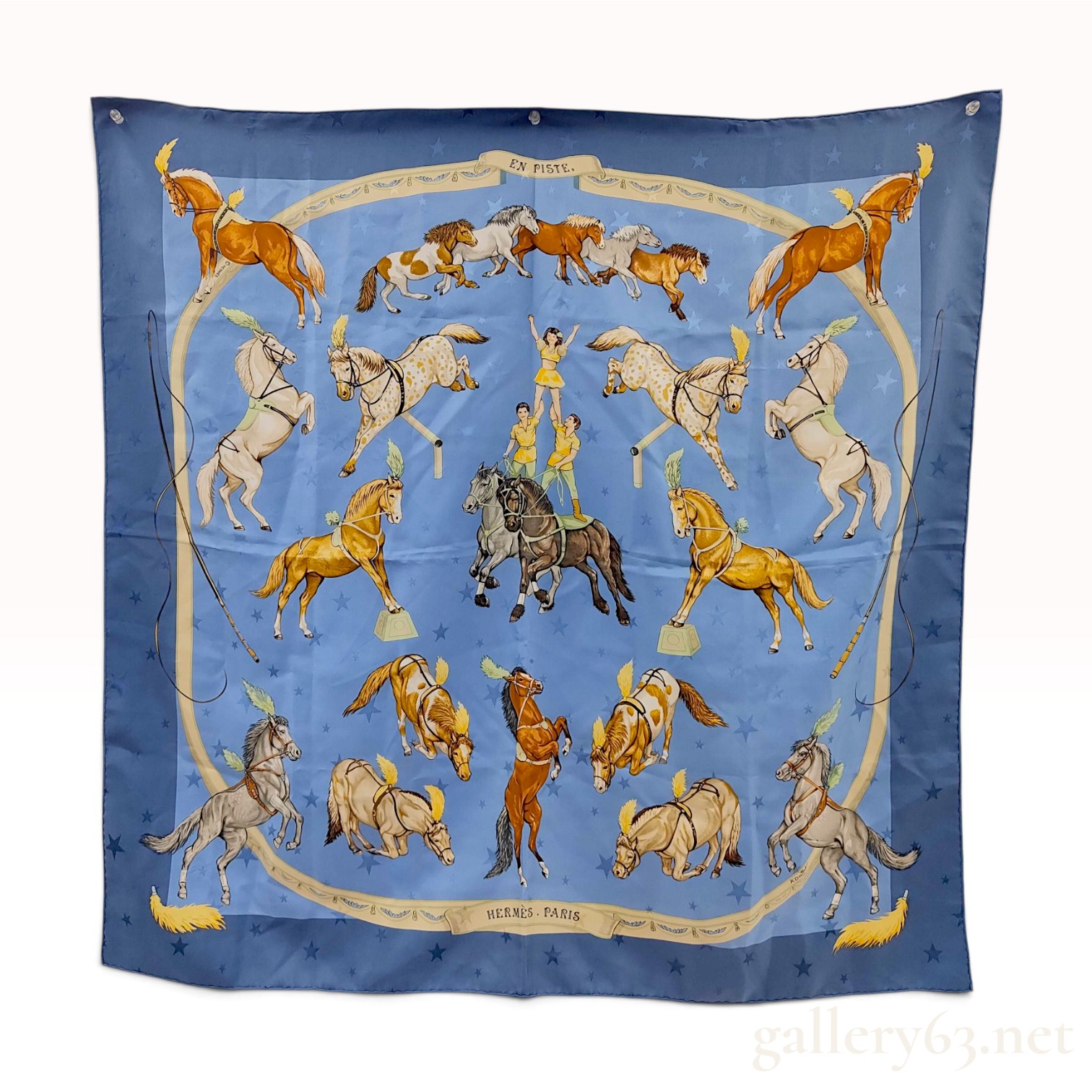 Vintage Hermes En Piste Blue Star Jacquard Silk Carre 90 cm