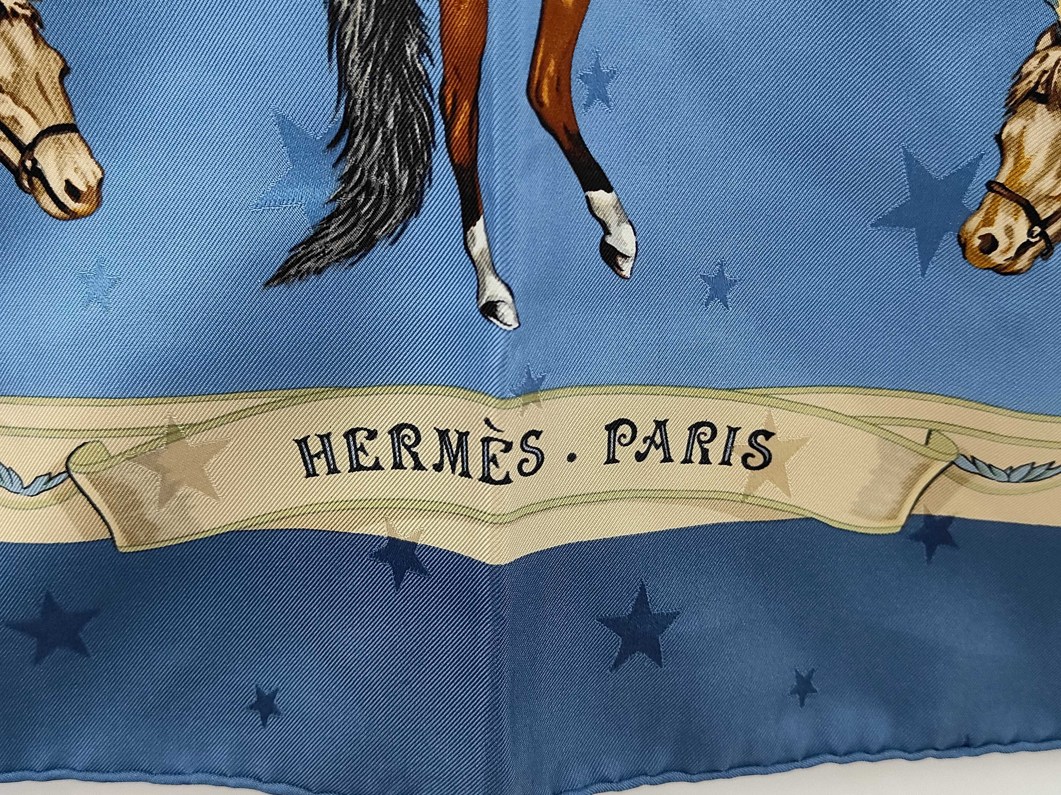 Vintage Hermes En Piste Blue Star Jacquard Silk Carre 90 cm