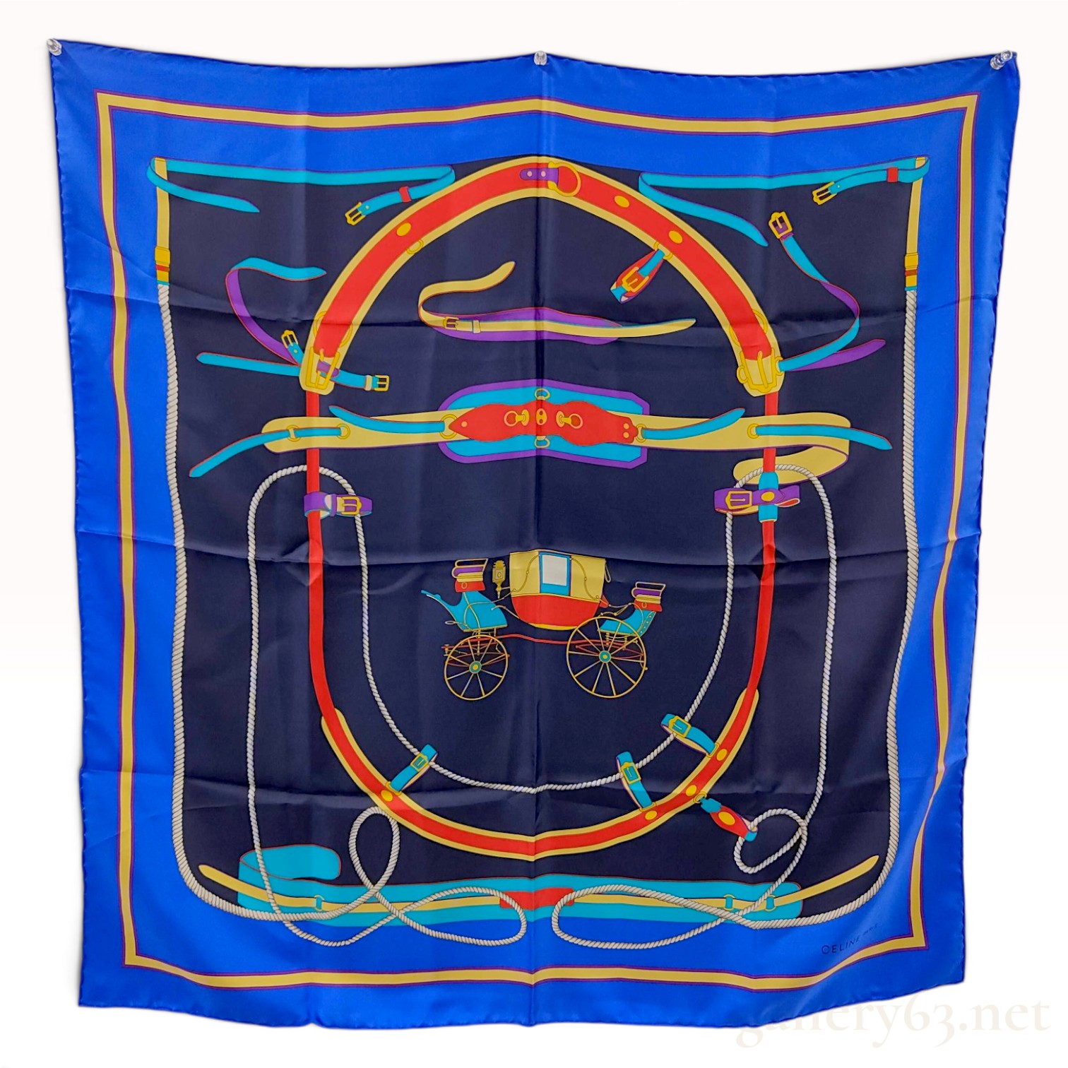 Vintage Celine Horse Carriage Motif Blue Silk Scarf 90 cm