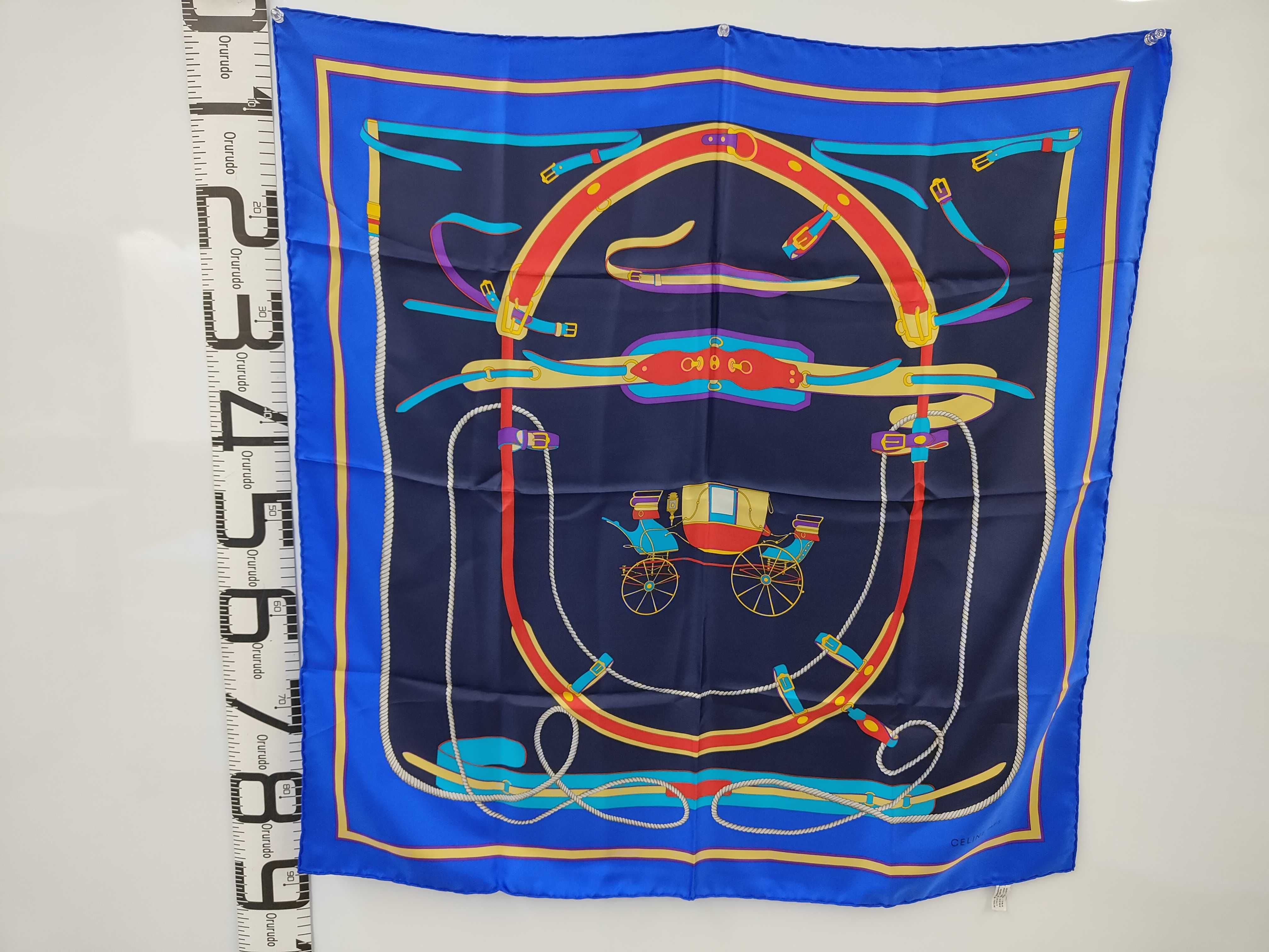 Vintage Celine Horse Carriage Motif Blue Silk Scarf 90 cm