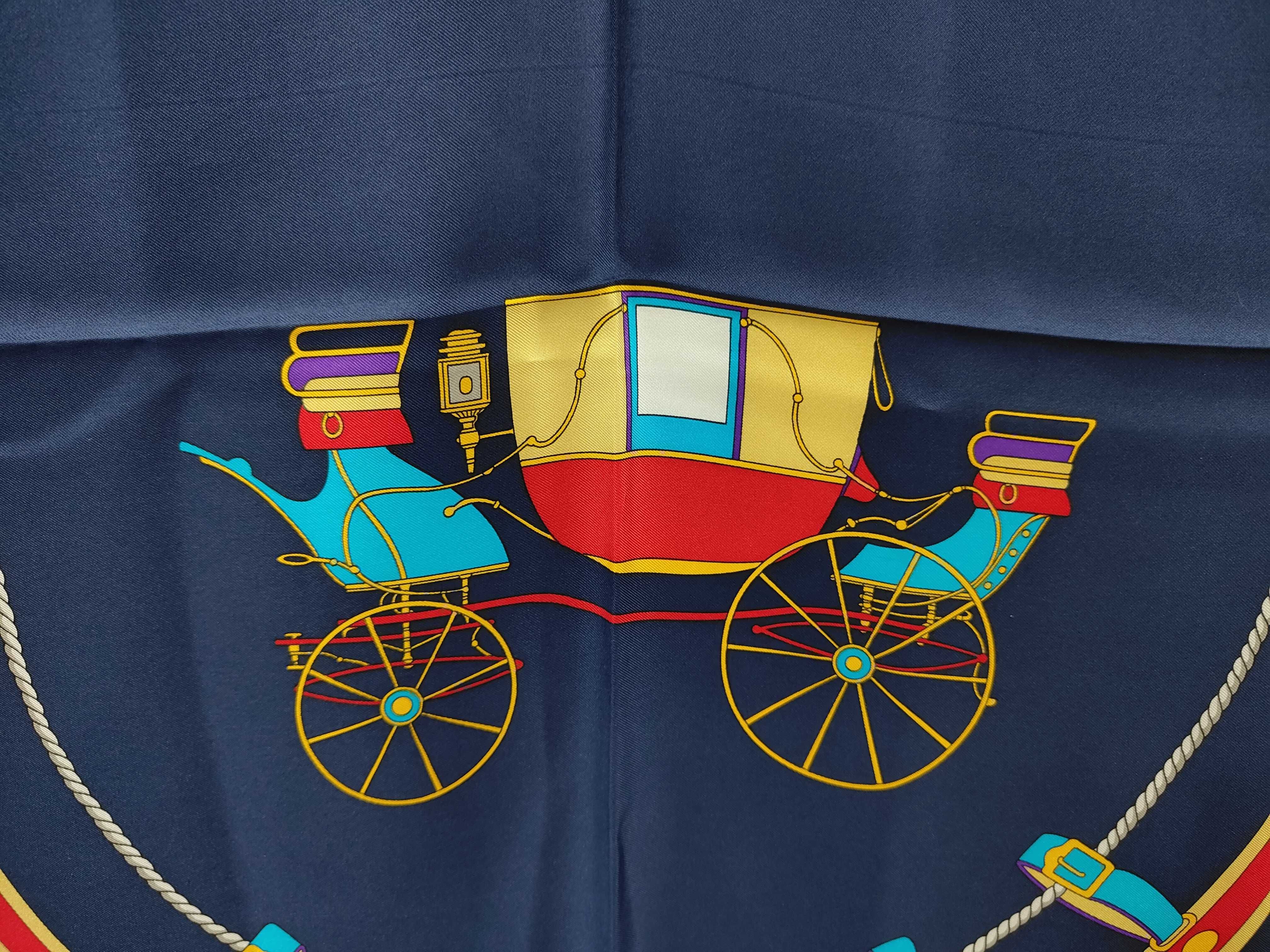 Vintage Celine Horse Carriage Motif Blue Silk Scarf 90 cm