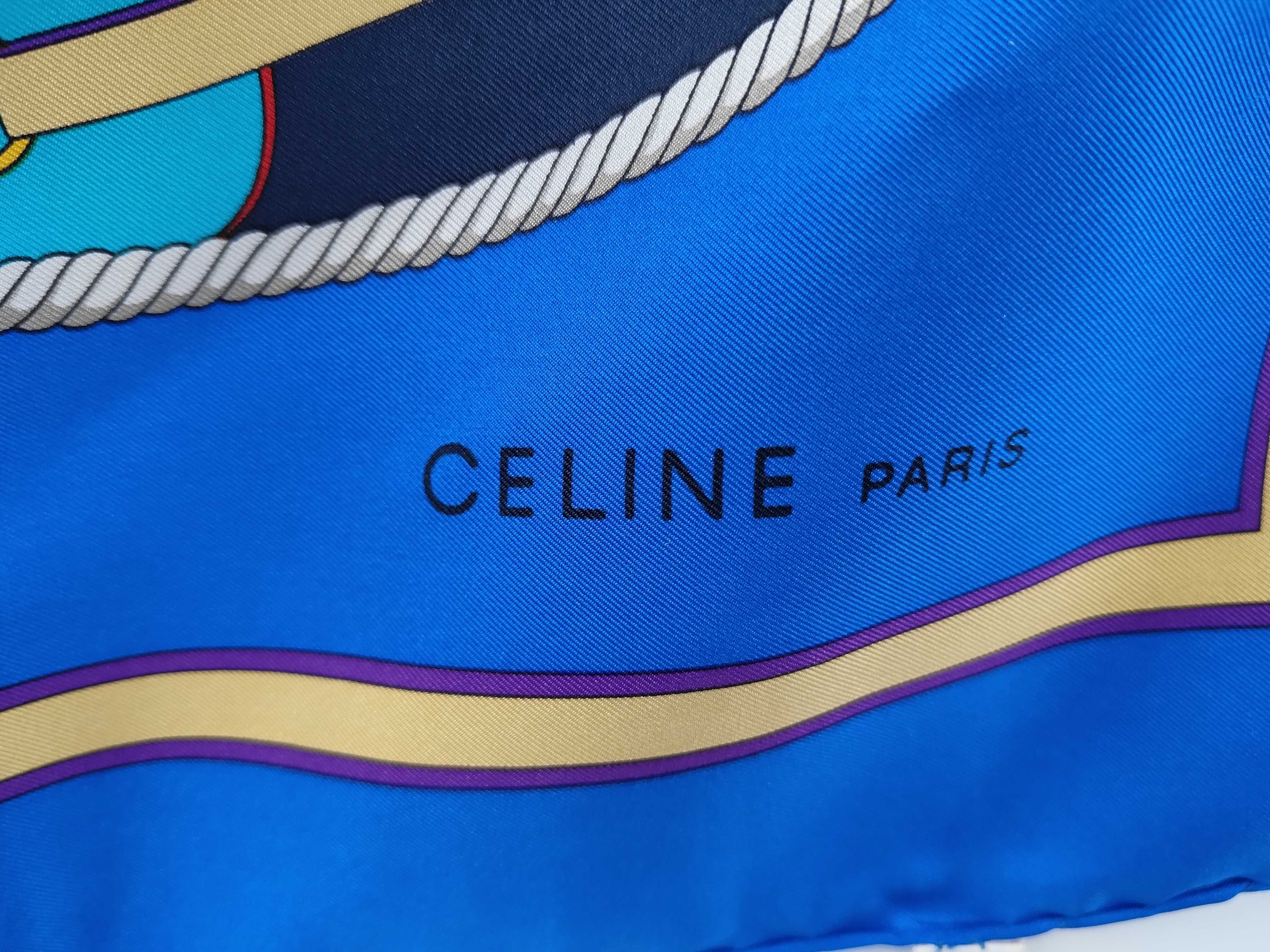 Vintage Celine Horse Carriage Motif Blue Silk Scarf 90 cm