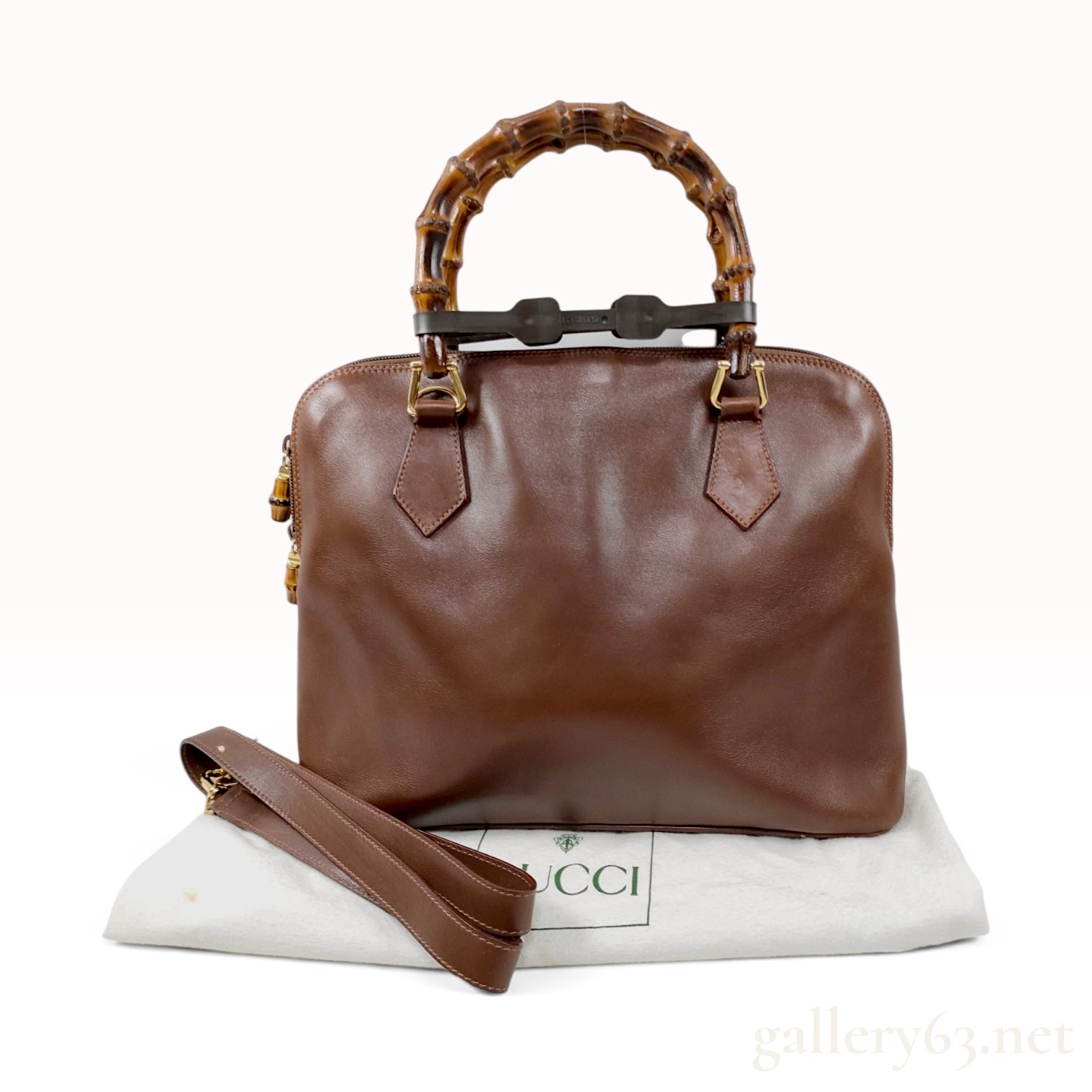 Vintage Gucci Bamboo Top Handle Brown Leather Bag with Strap and Dust Bag