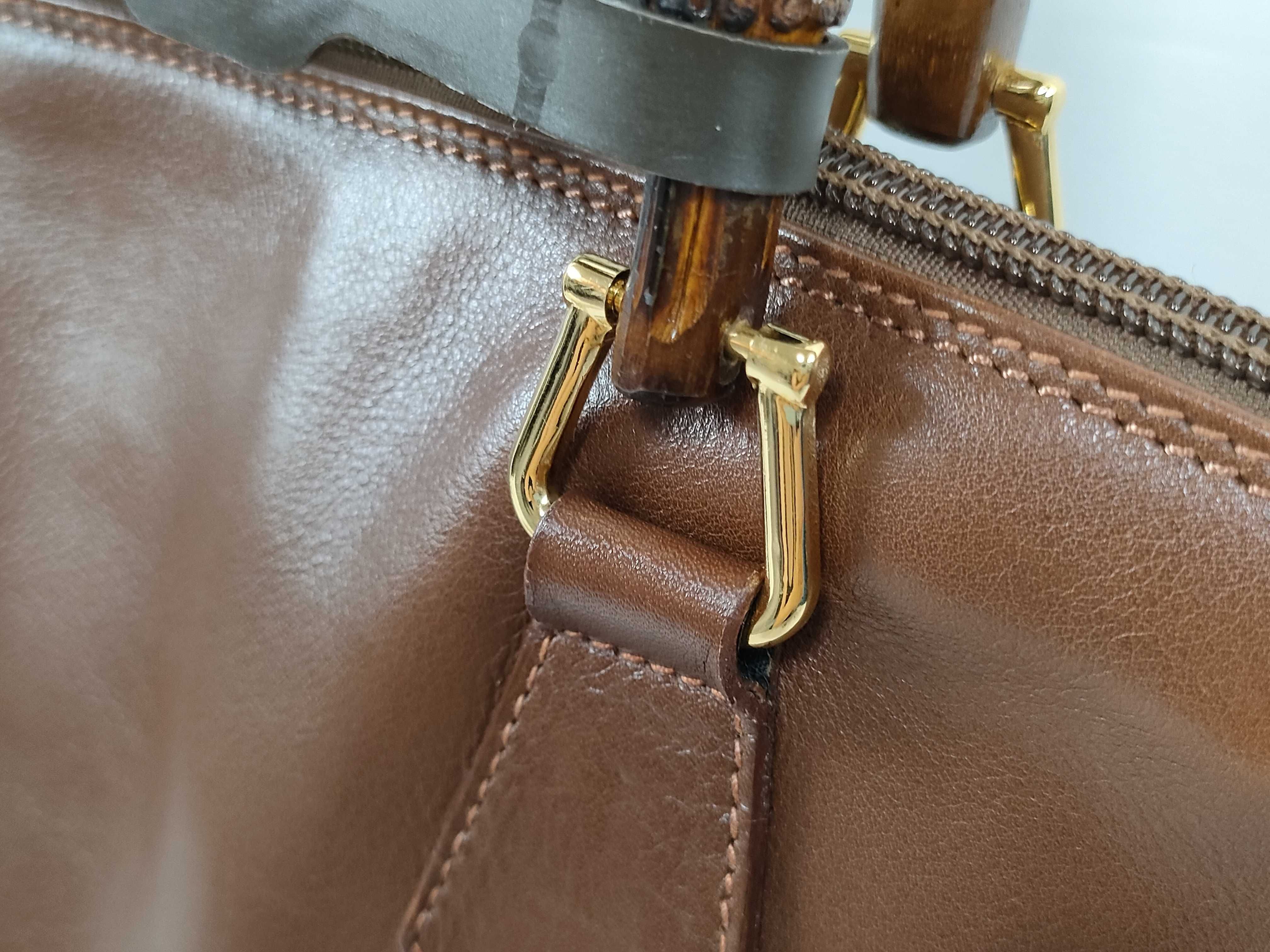 Vintage Gucci Bamboo Top Handle Brown Leather Bag with Strap and Dust Bag
