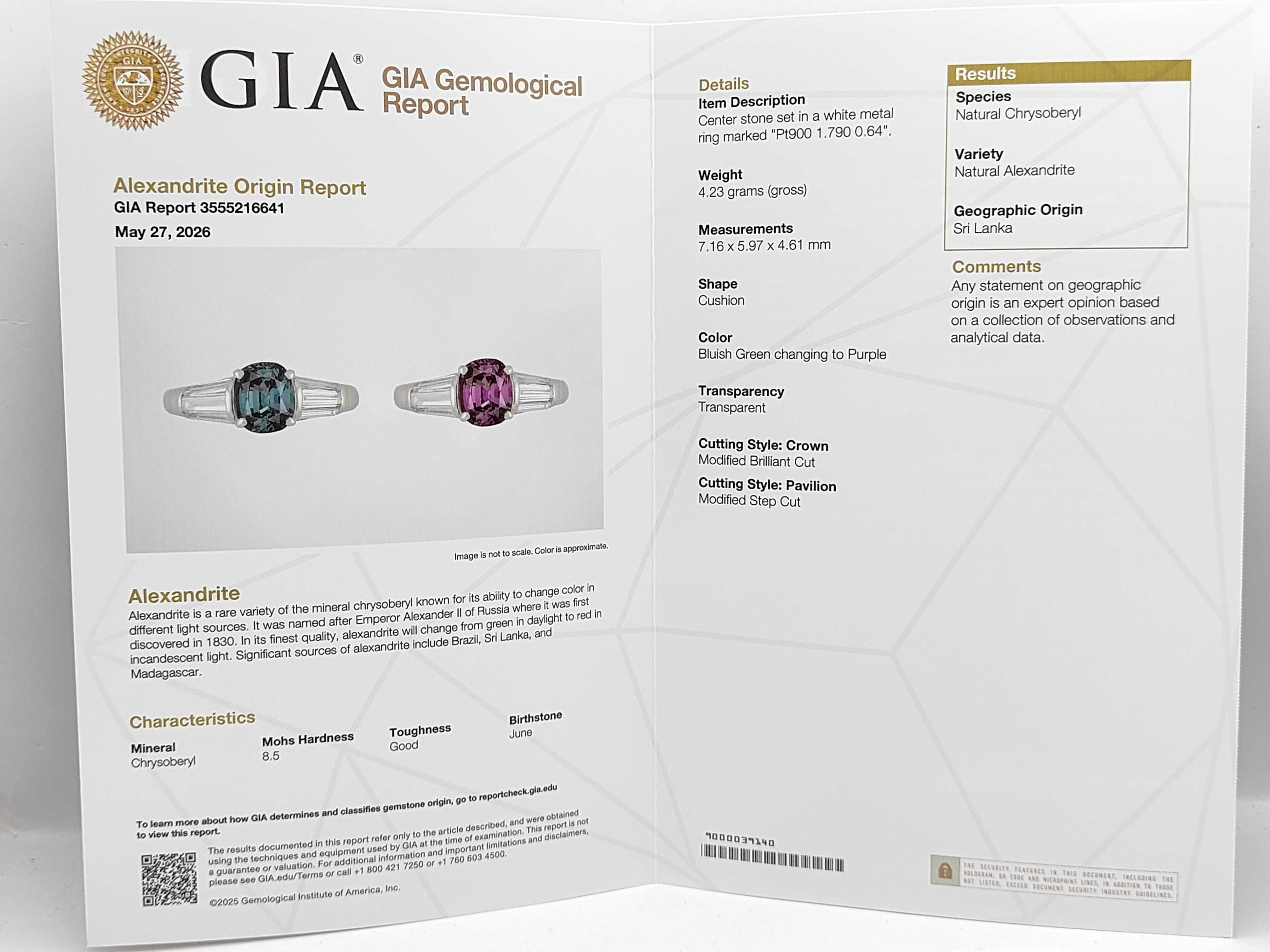 Pt900 1.79ct Natural Alexandrite and 0.64ctw Natural Diamond Ring Size 5.5 W/GIA Report