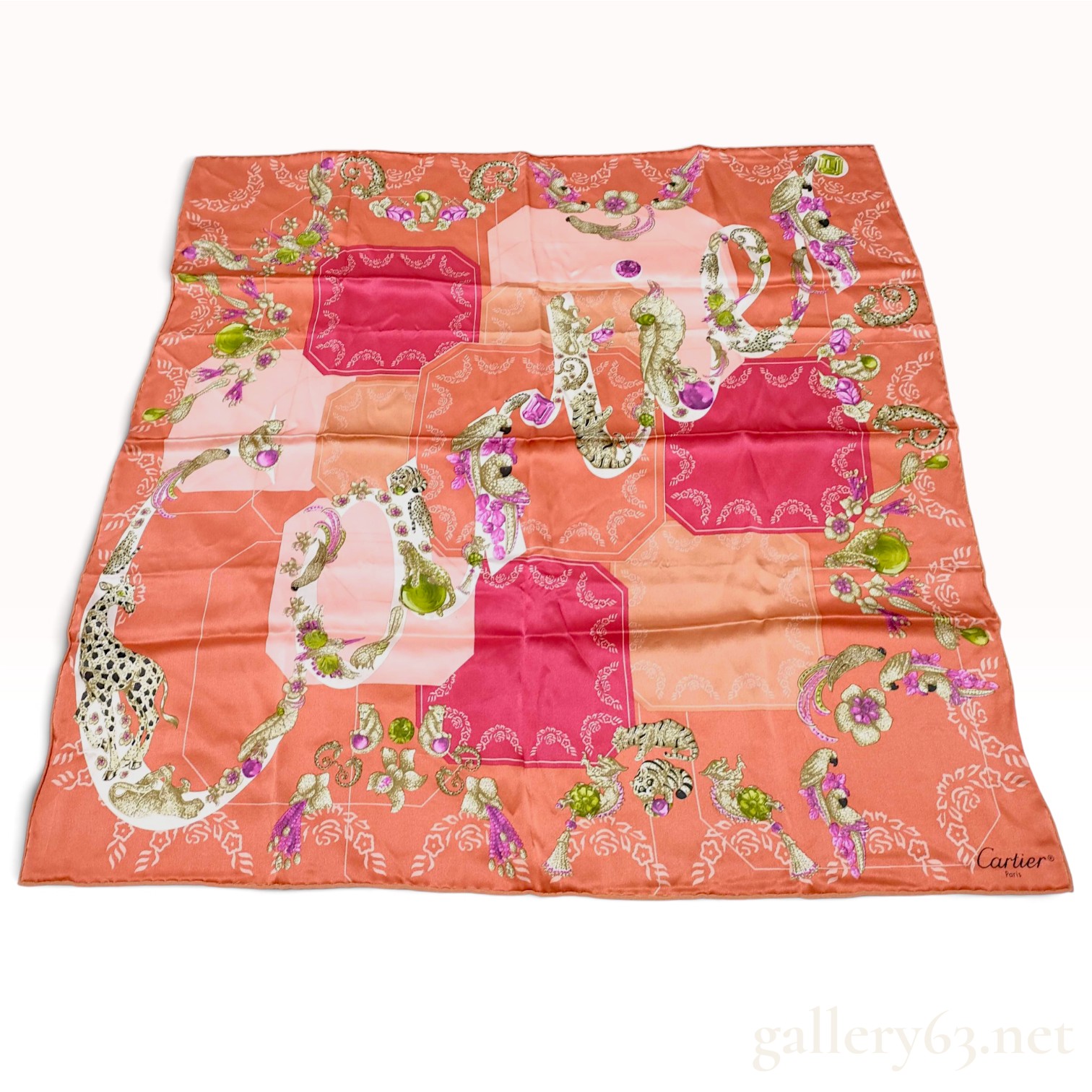 Vintage Cartier Menagerie Panther and Cockatoo Motif Coral Silk Scarf 68 cm