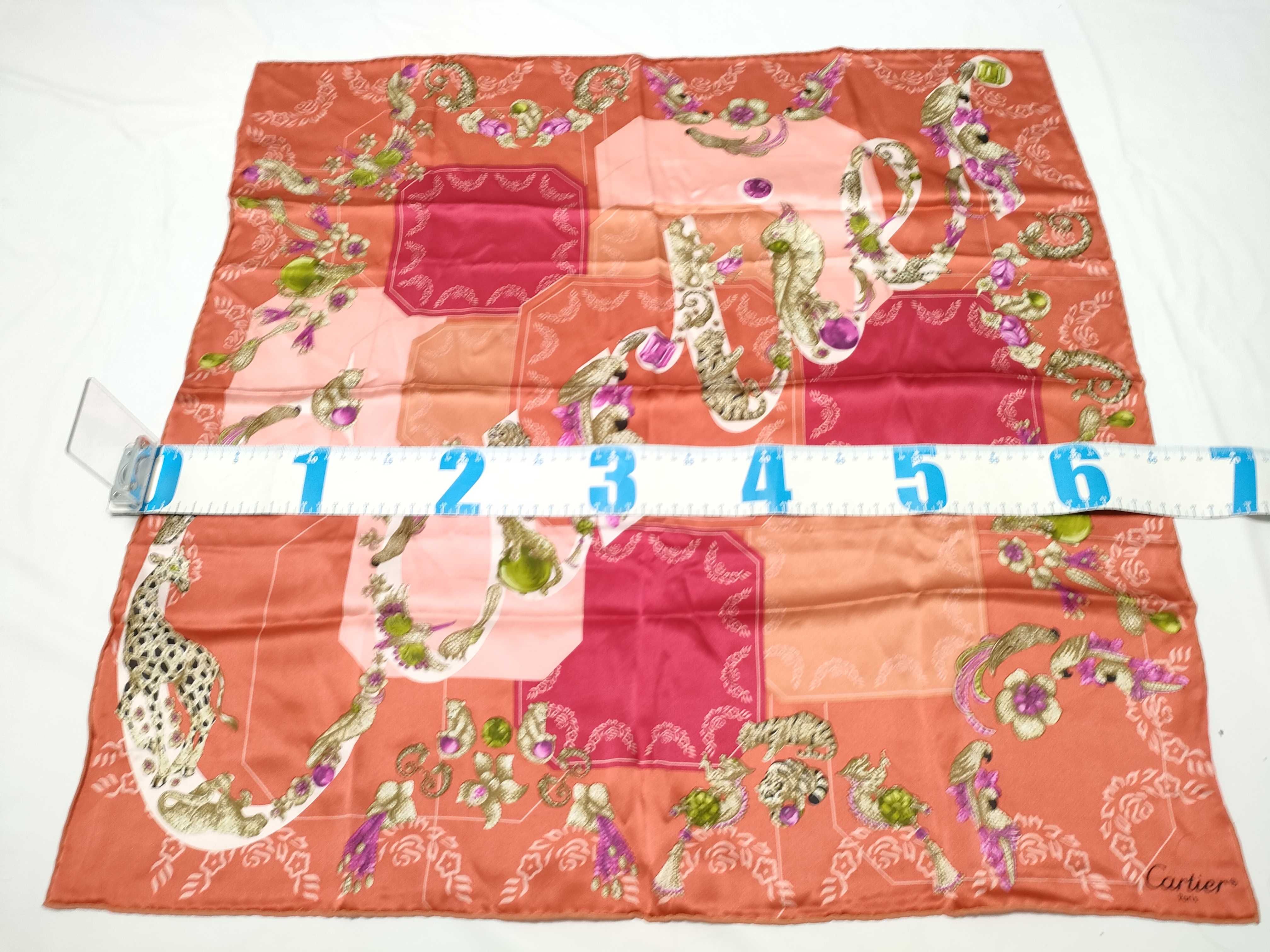Vintage Cartier Menagerie Panther and Cockatoo Motif Coral Silk Scarf 68 cm