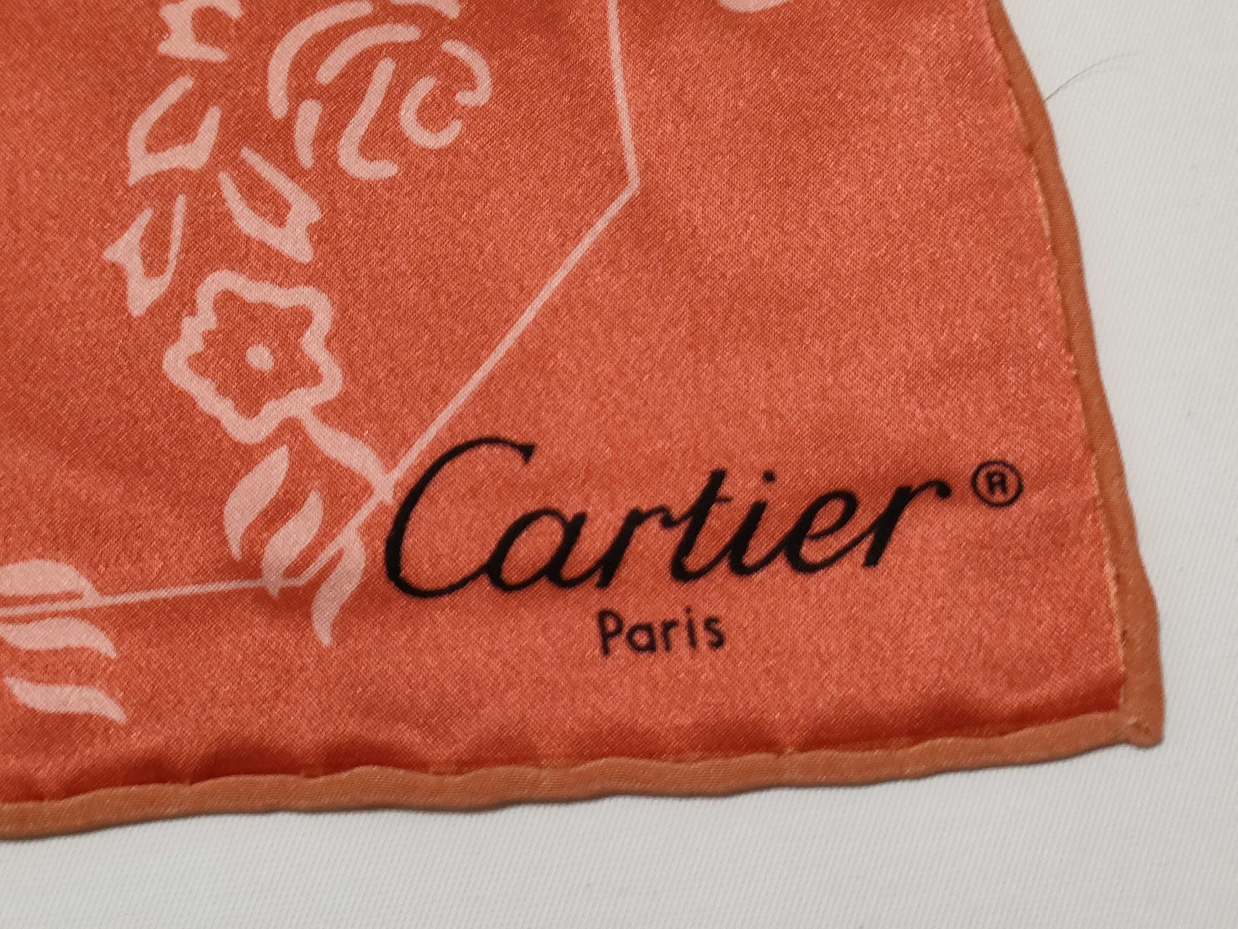 Vintage Cartier Menagerie Panther and Cockatoo Motif Coral Silk Scarf 68 cm