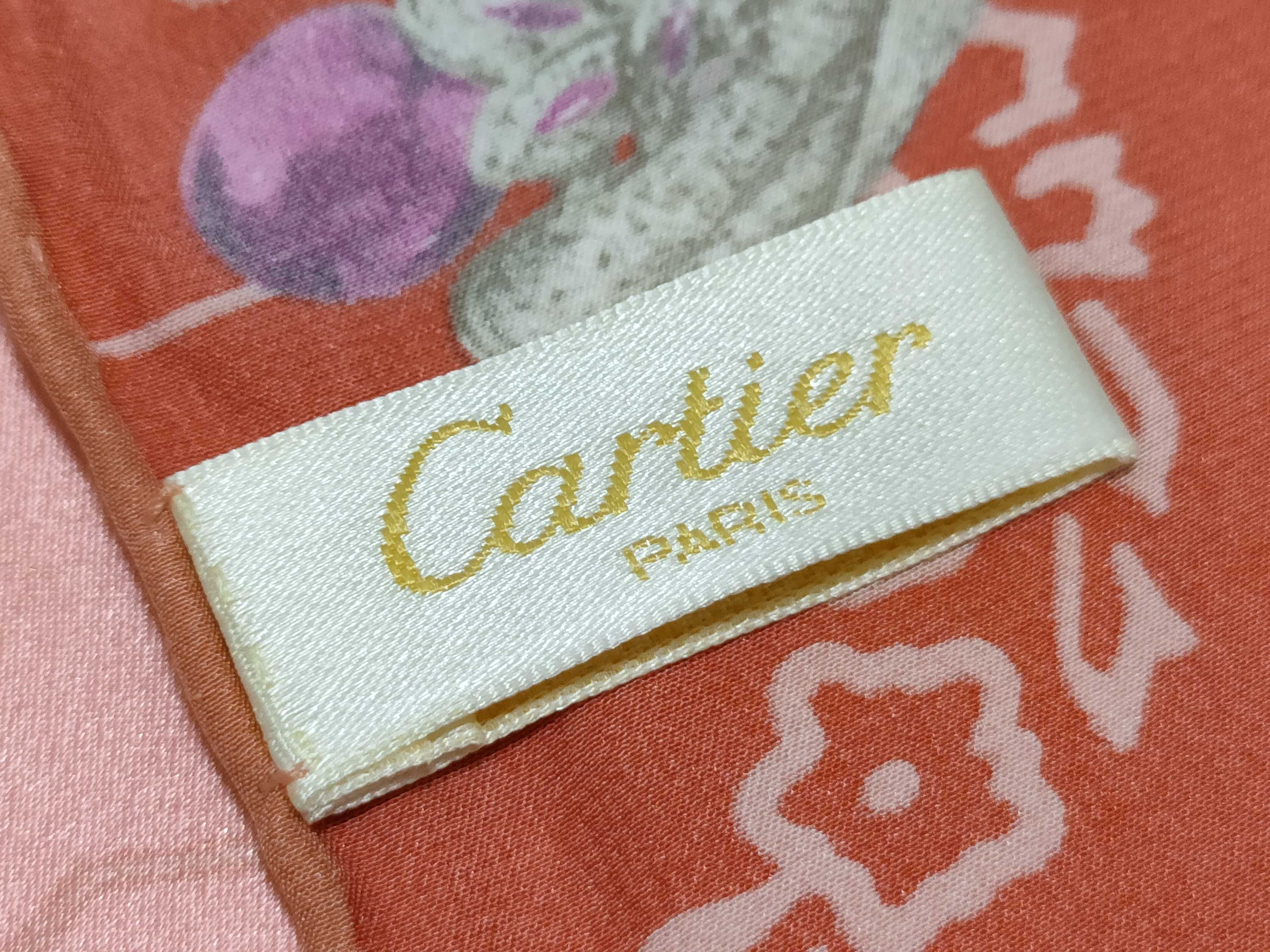 Vintage Cartier Menagerie Panther and Cockatoo Motif Coral Silk Scarf 68 cm