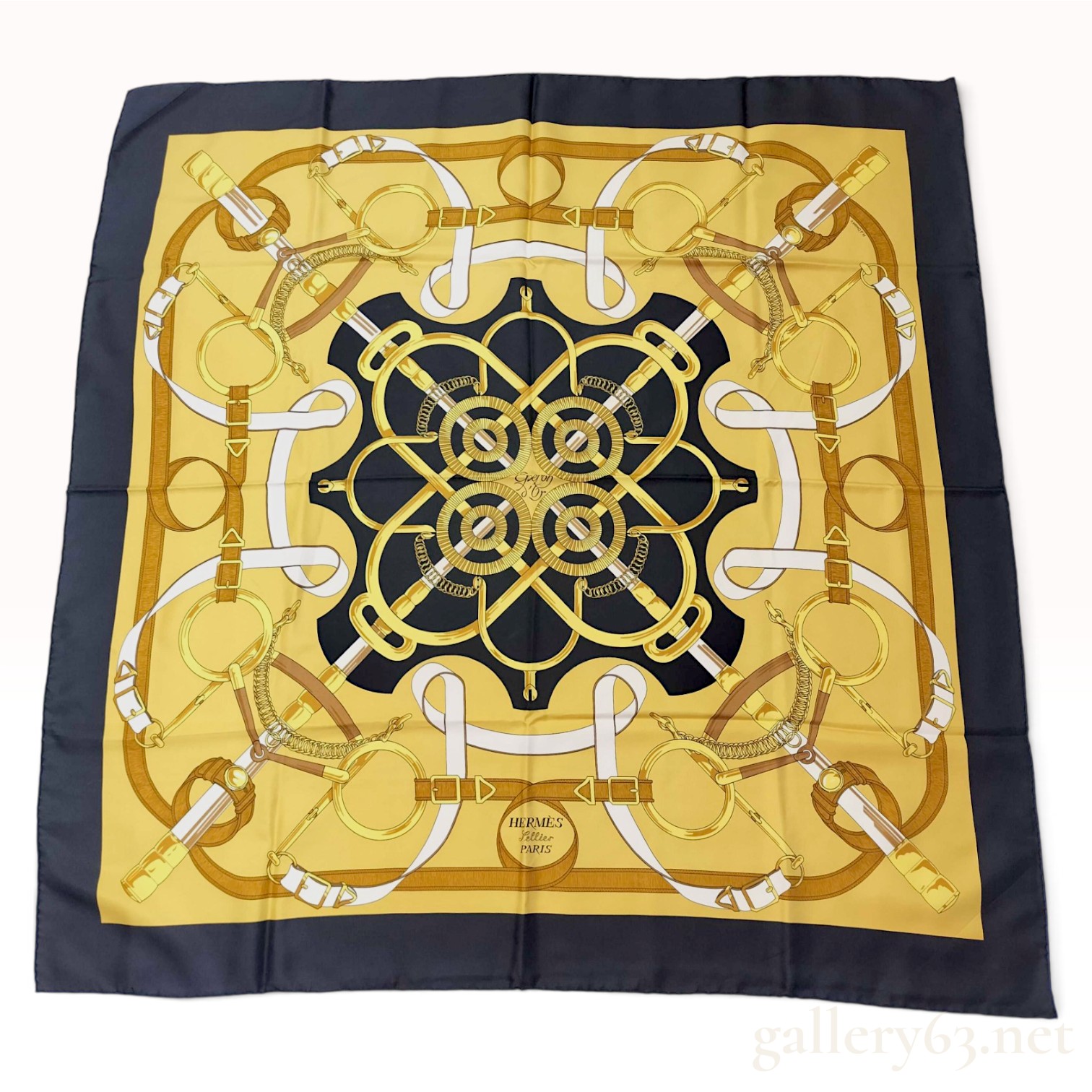 Hermes Grand Apparat Silk Carre 90 in Gold and Black