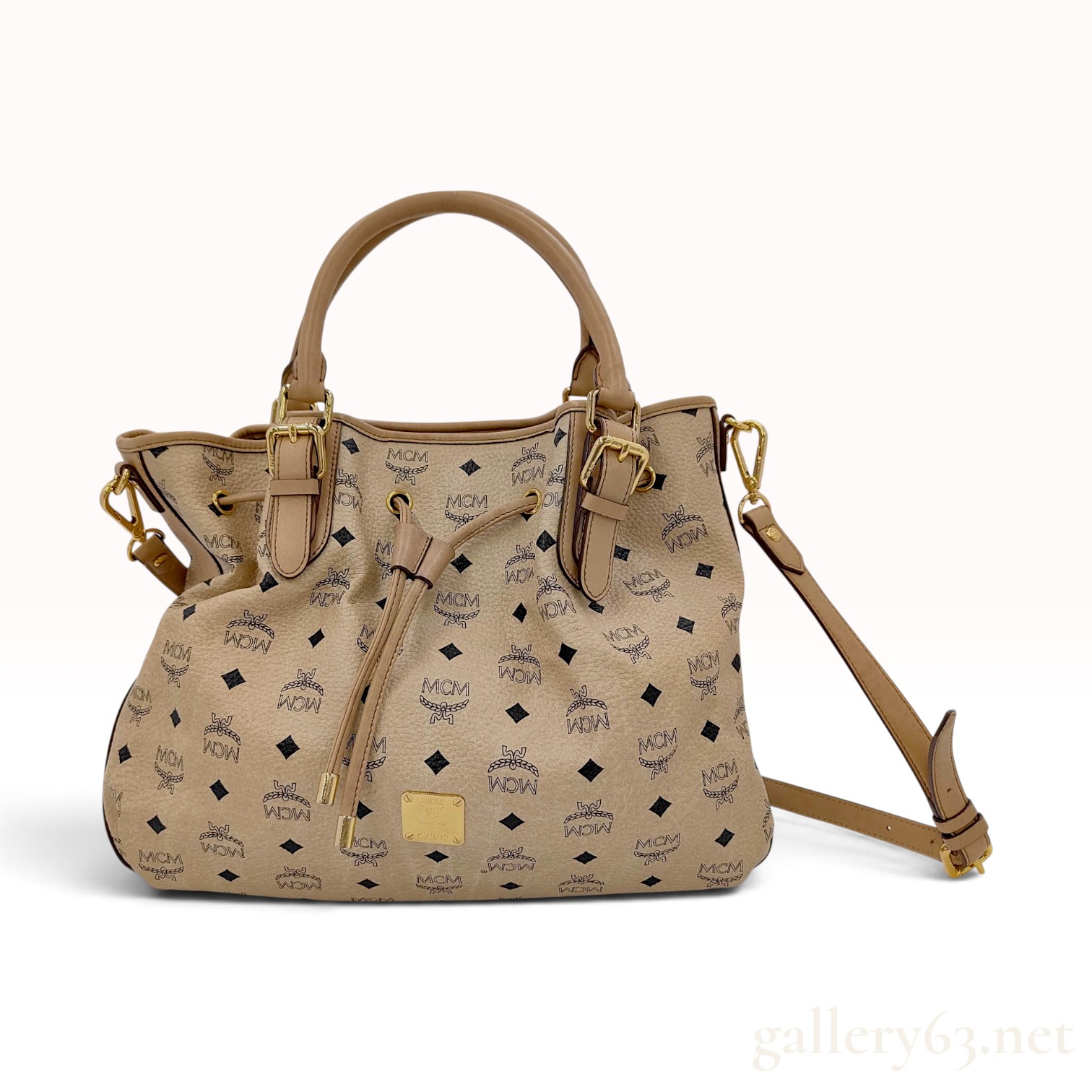 MCM Visetos Beige Coated Canvas Drawstring Bucket Bag