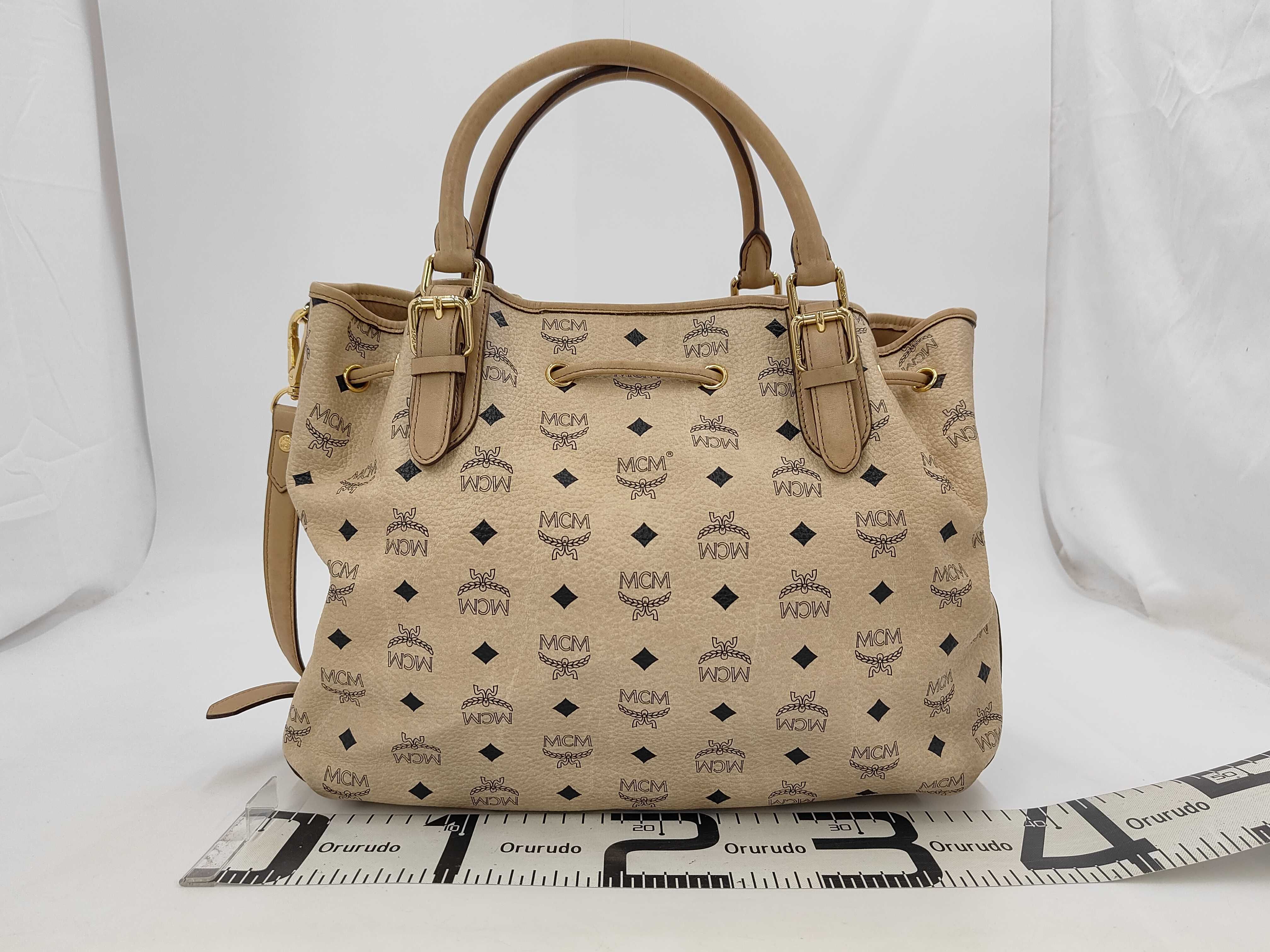 MCM Visetos Beige Coated Canvas Drawstring Bucket Bag
