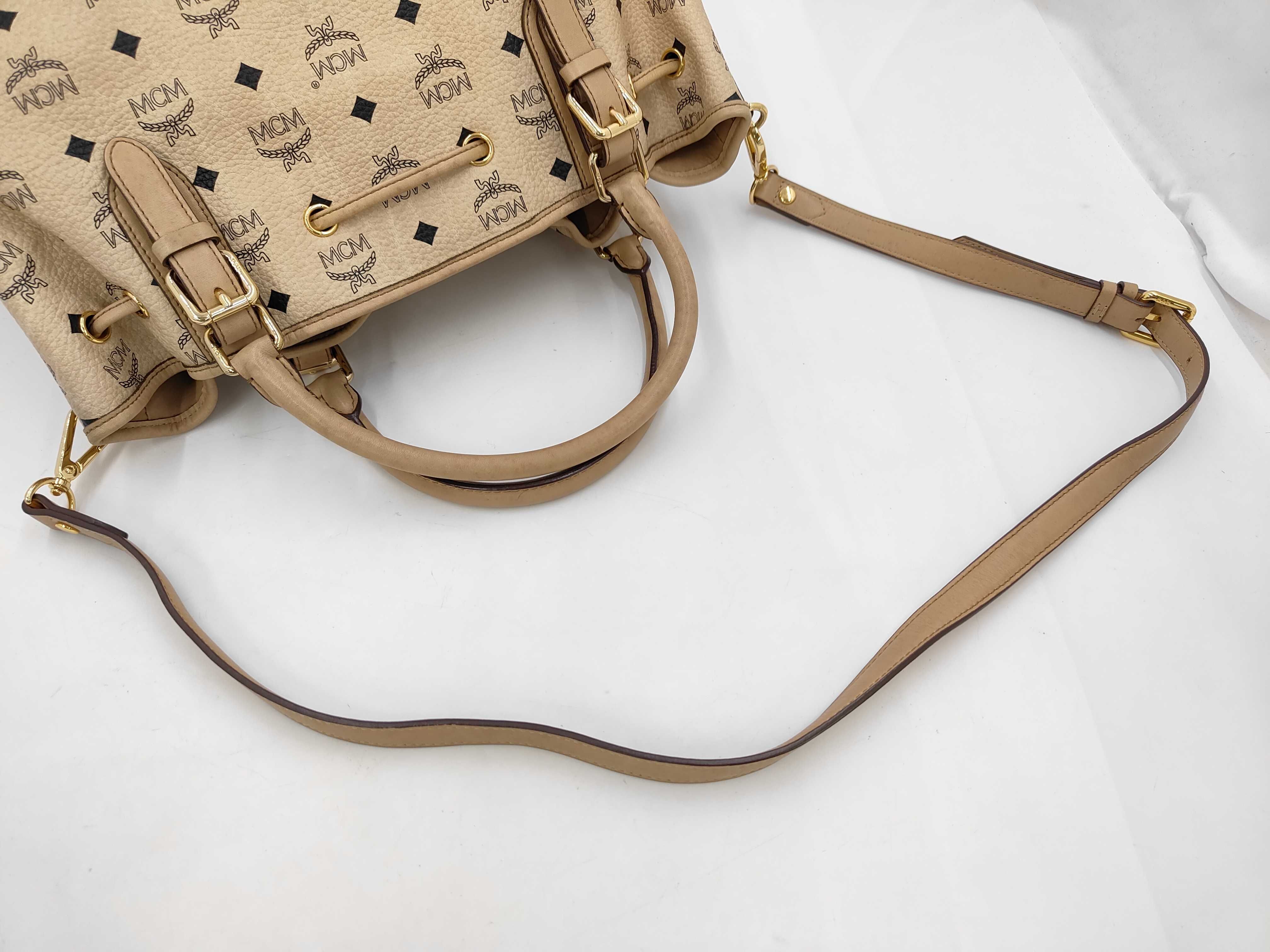MCM Visetos Beige Coated Canvas Drawstring Bucket Bag