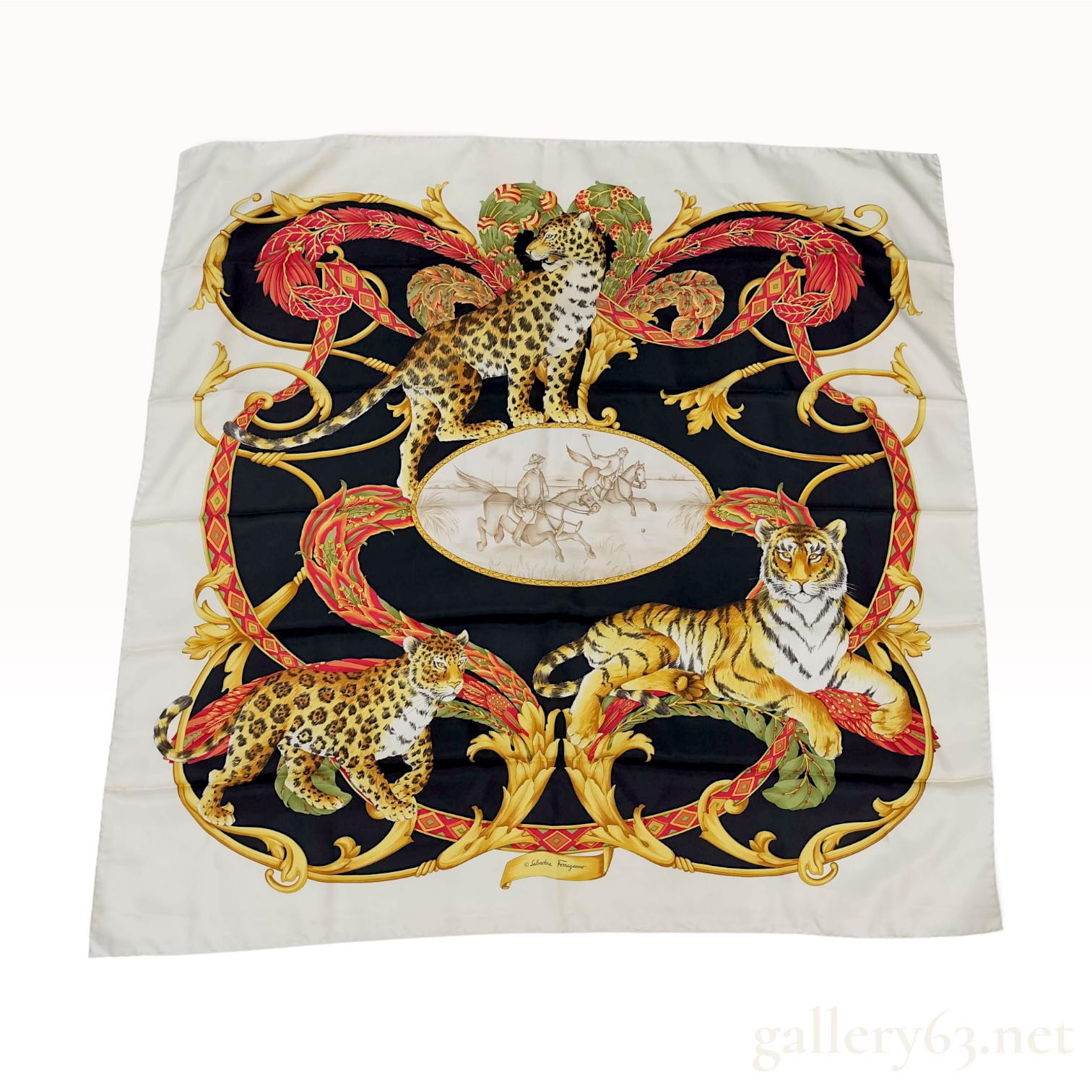 Vintage Salvatore Ferragamo Tiger Leopard and Polo Silk Scarf 90 cm