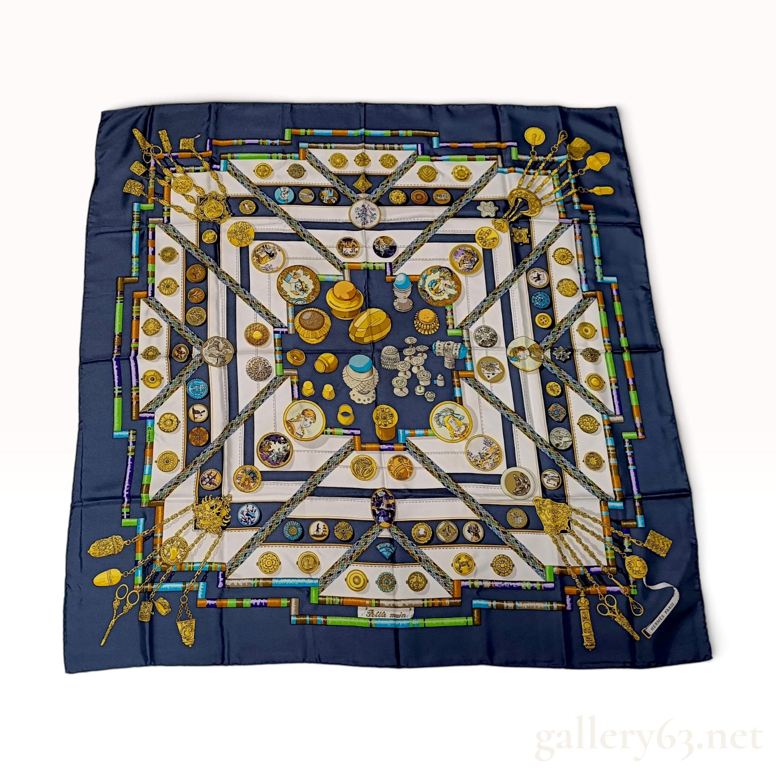 Vintage Hermes Petite Main Blue and White Silk Carre 90