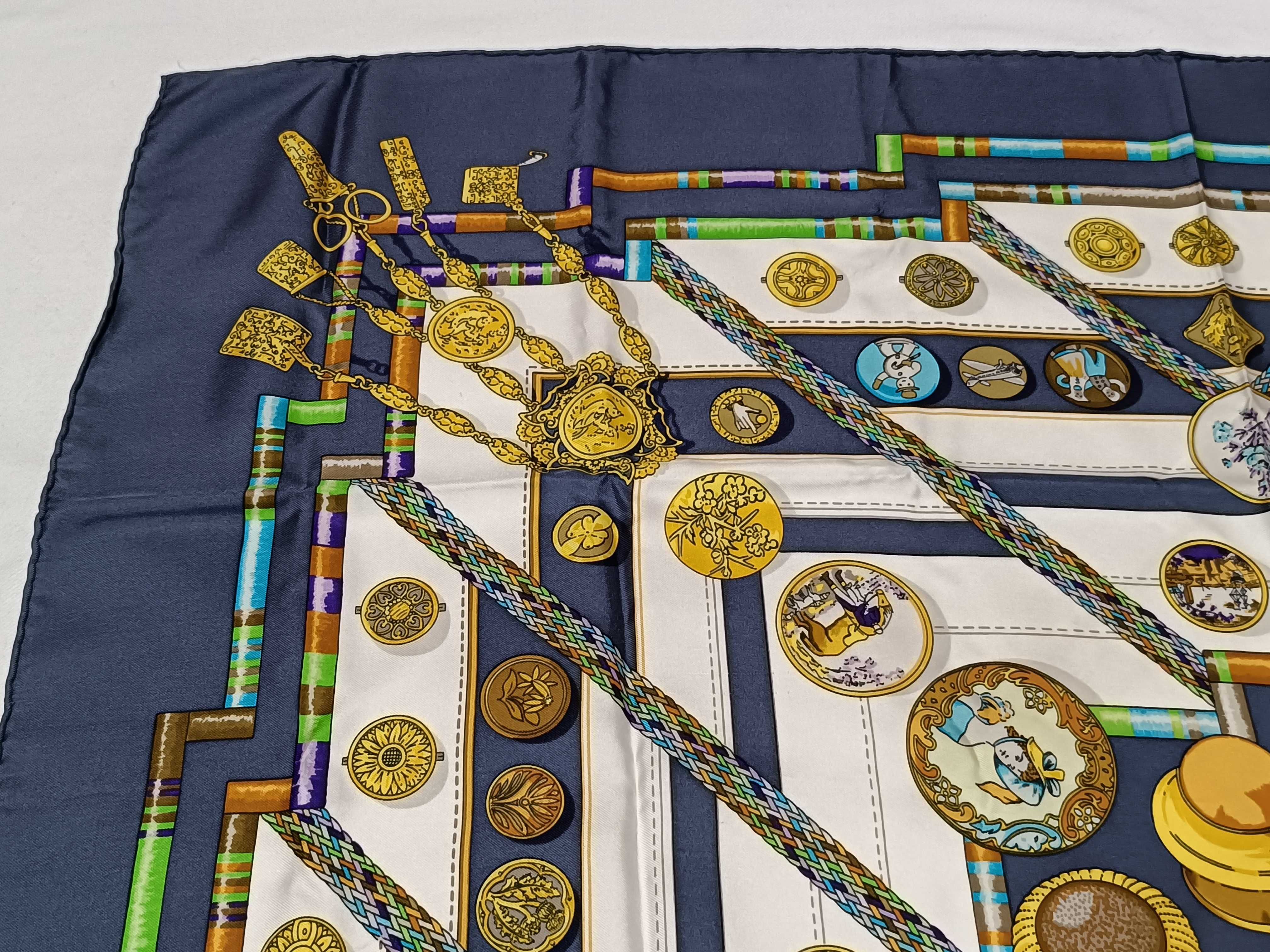 Vintage Hermes Petite Main Blue and White Silk Carre 90