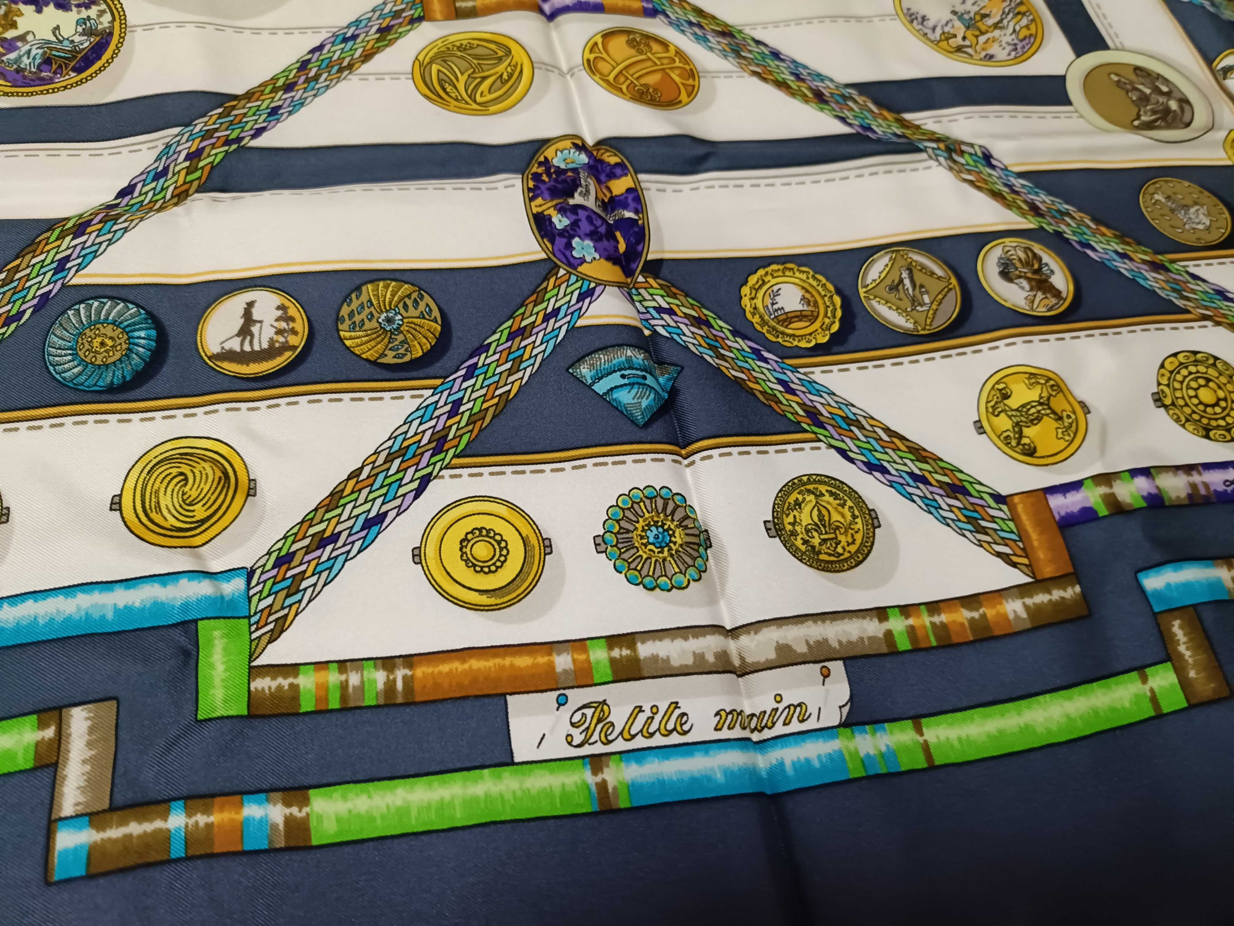 Vintage Hermes Petite Main Blue and White Silk Carre 90