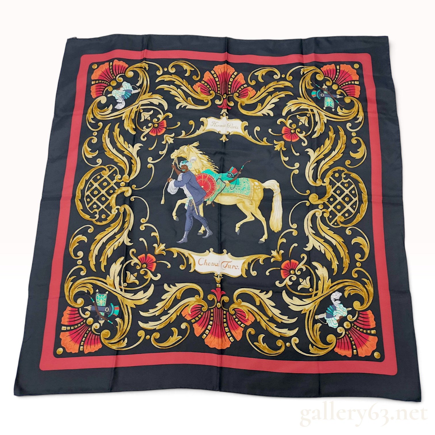 Vintage Hermes Cheval Turc Black and Red Silk Carre 90