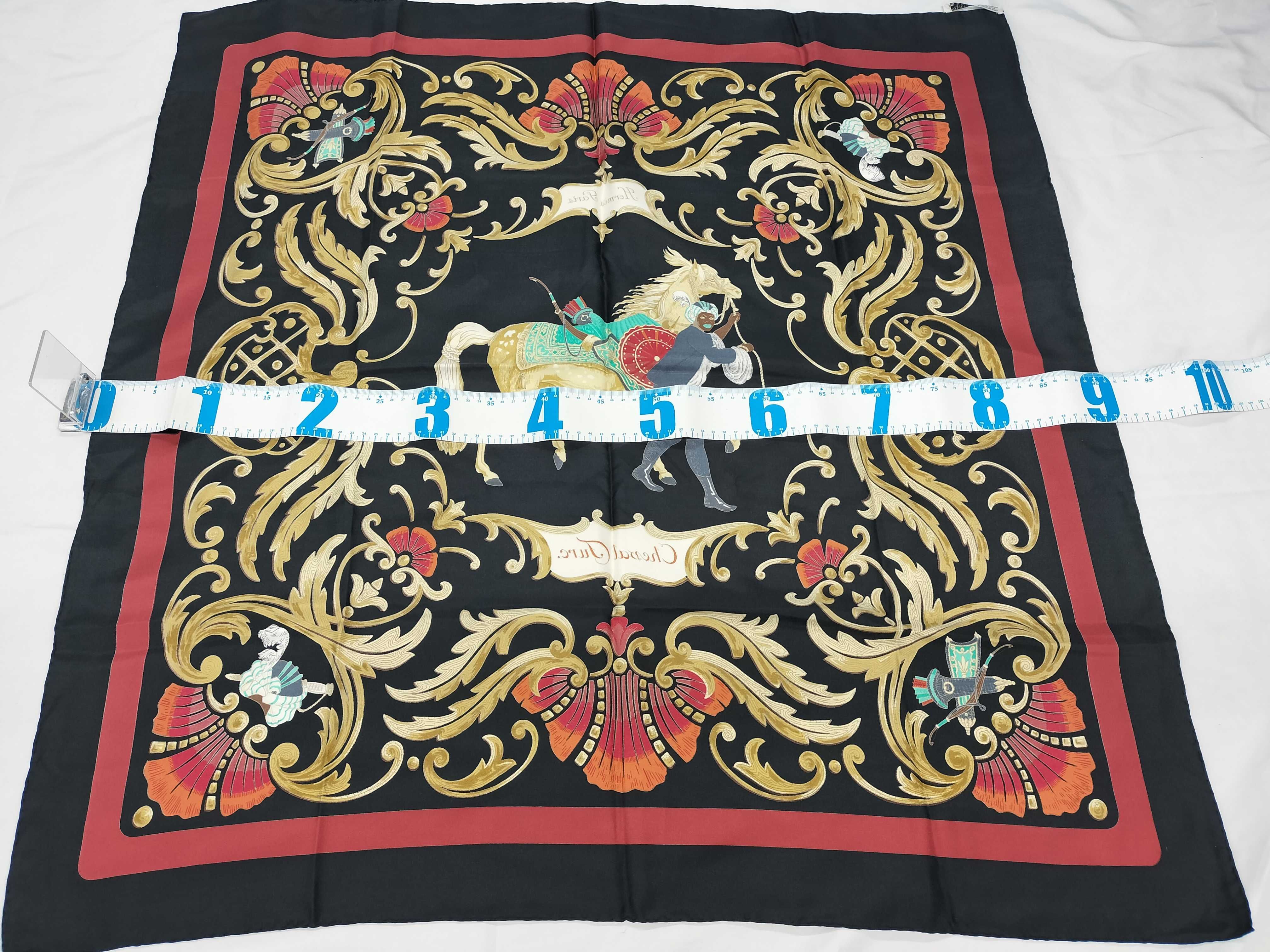 Vintage Hermes Cheval Turc Black and Red Silk Carre 90