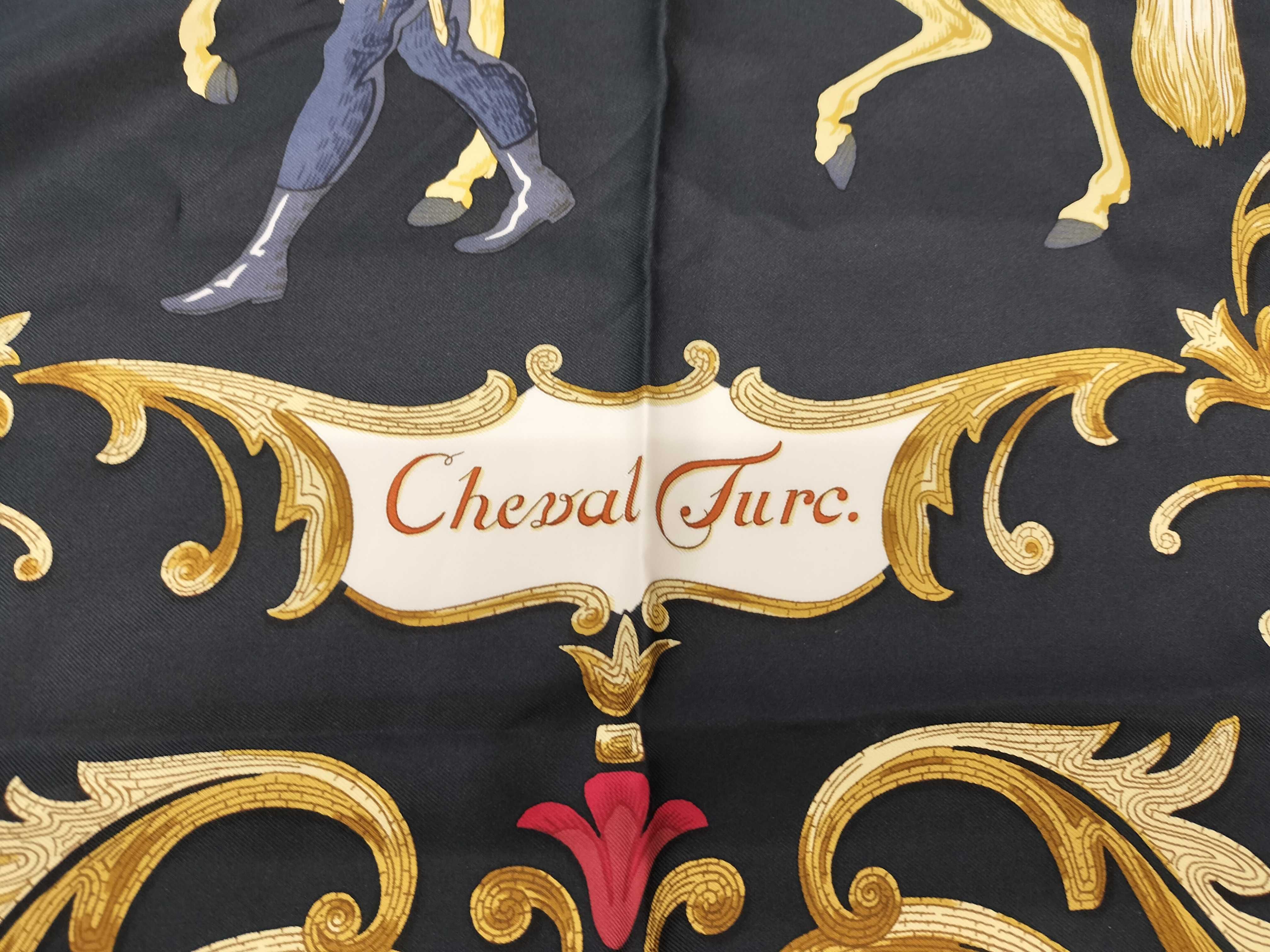 Vintage Hermes Cheval Turc Black and Red Silk Carre 90