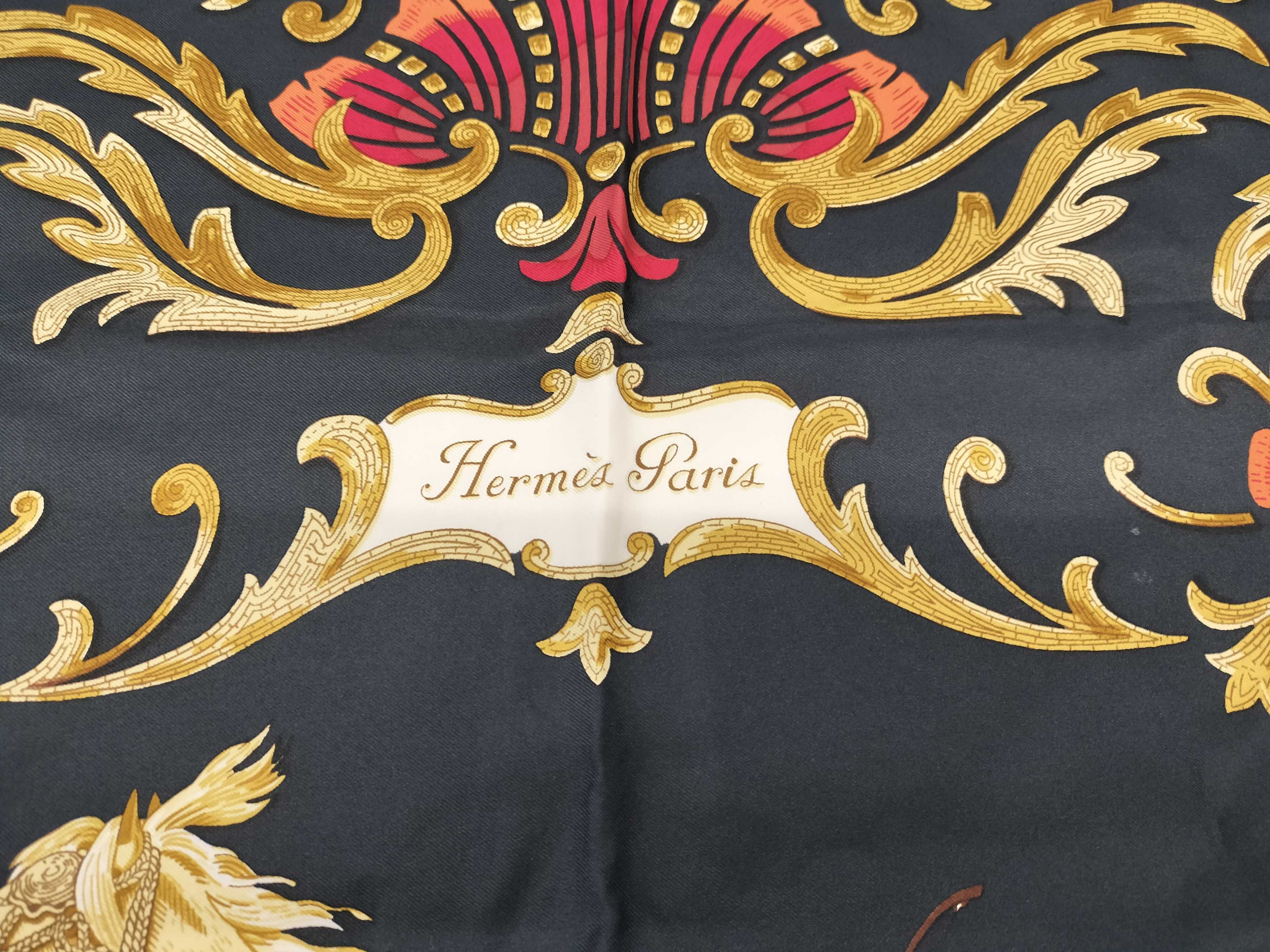 Vintage Hermes Cheval Turc Black and Red Silk Carre 90