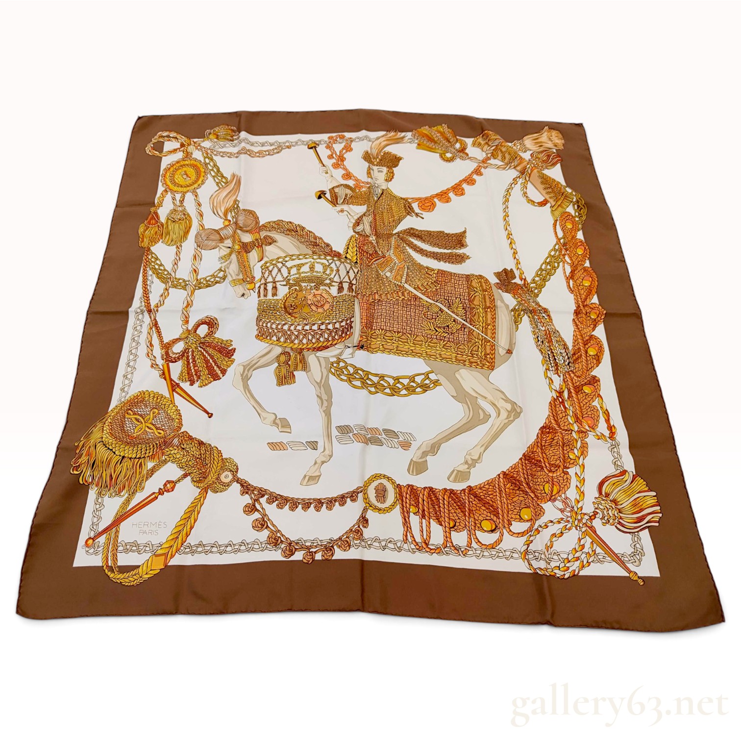 Vintage Hermes Le Timbalier Brown and Gold Silk Carre 90