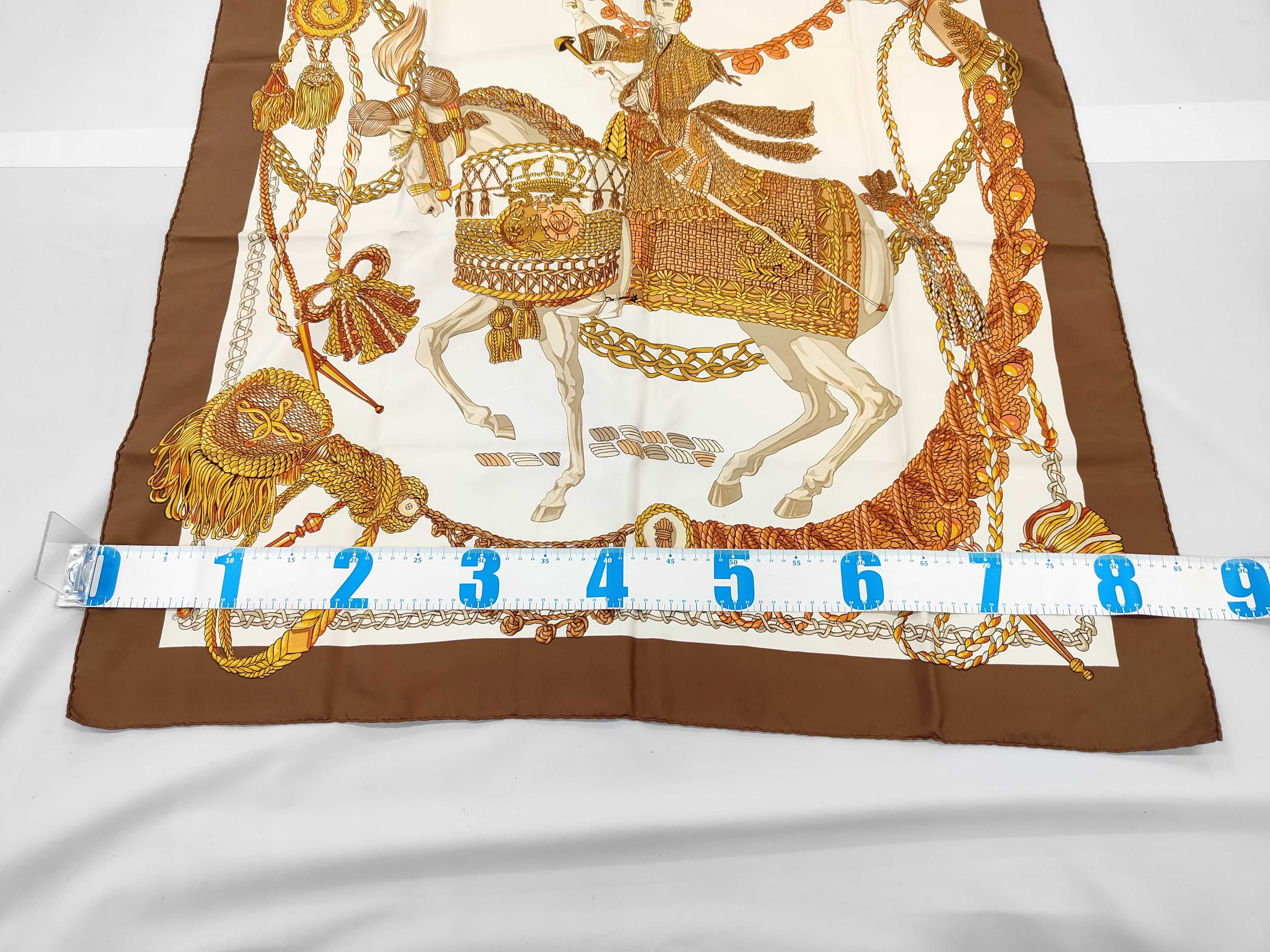 Vintage Hermes Le Timbalier Brown and Gold Silk Carre 90