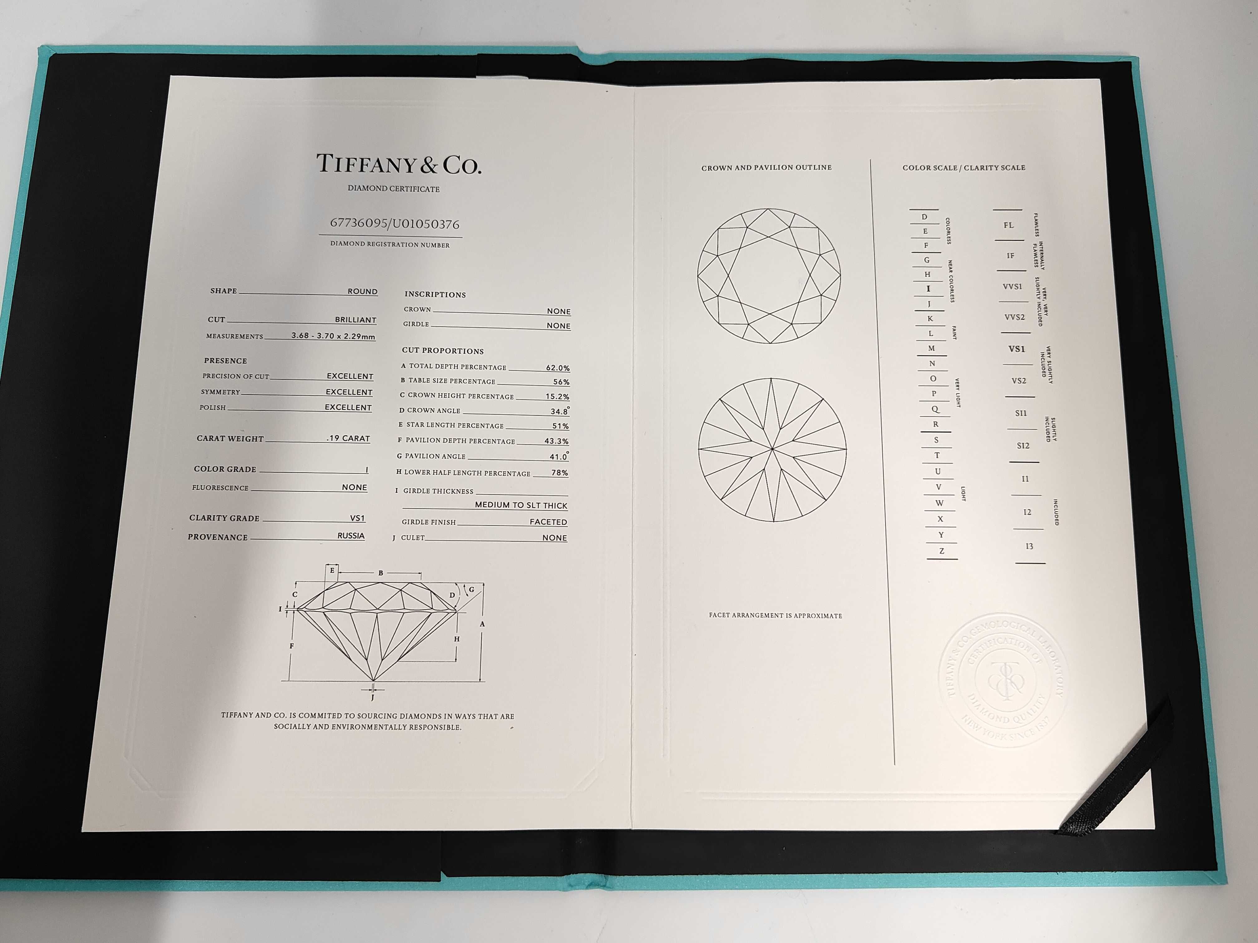 Tiffany and Co. I-VS1-3EX-NONE Platinum and 0.19ct Diamond Ring with Box and Certificate