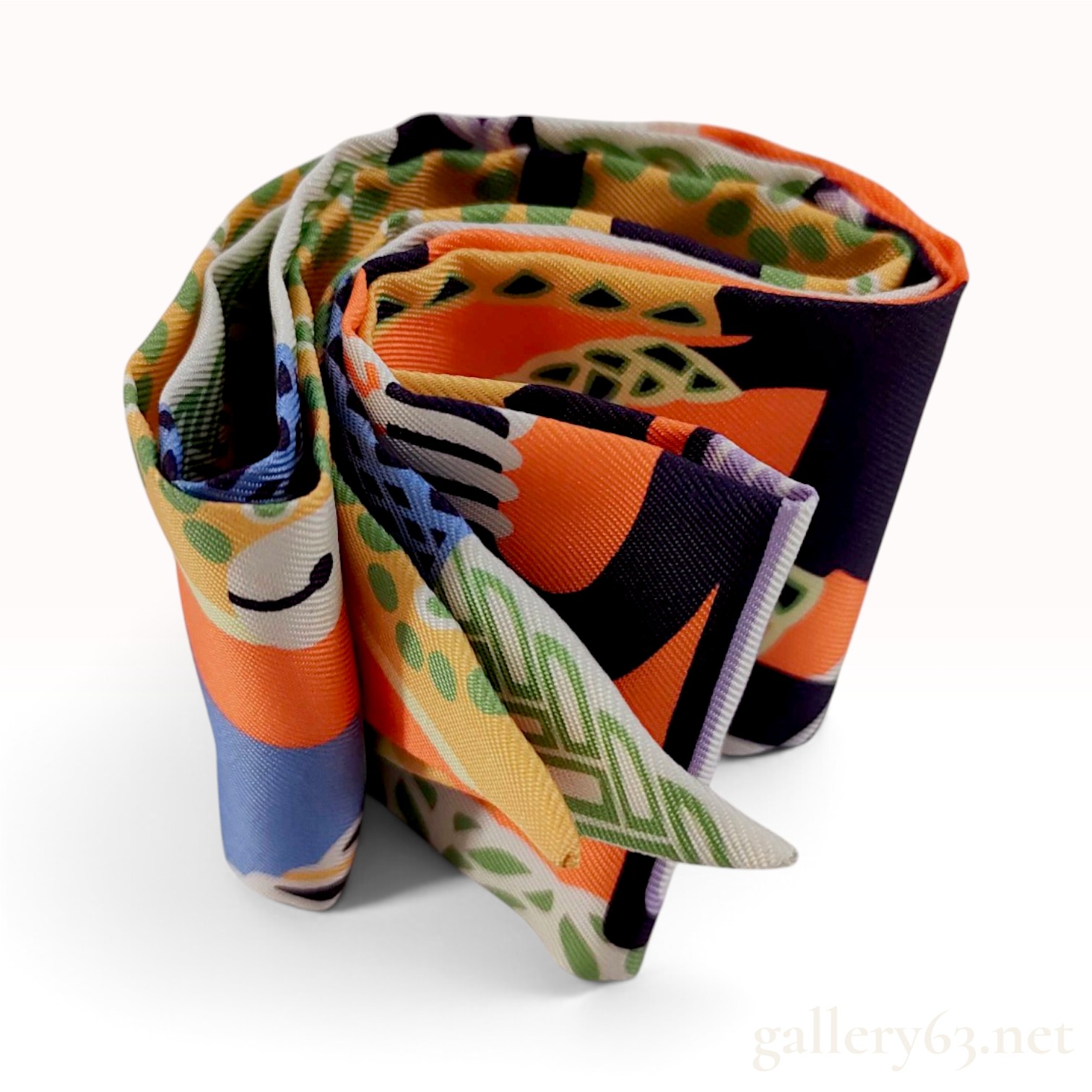 Hermes Orange and Navy Equestrian Motif Silk Twilly Scarf