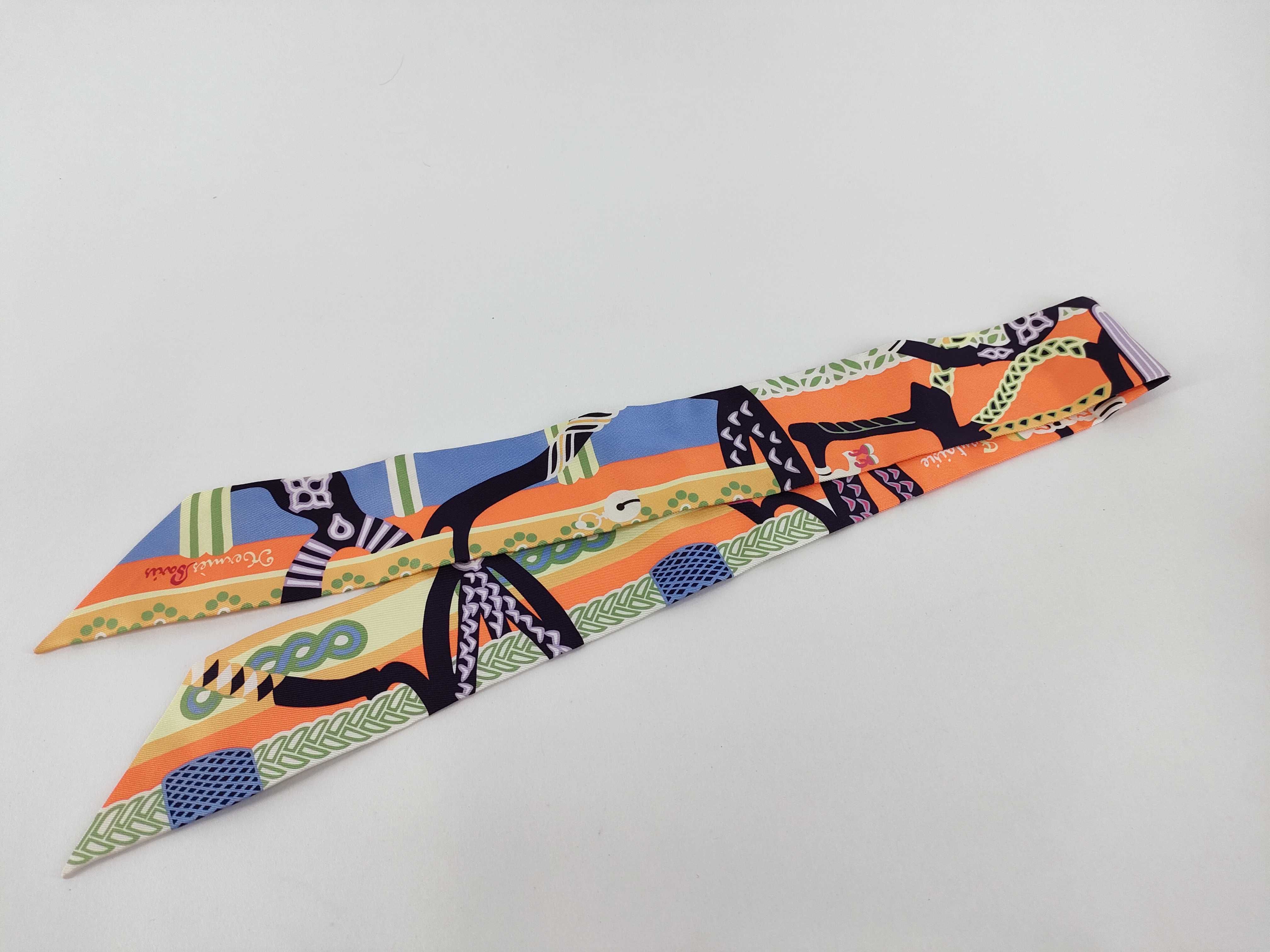 Hermes Orange and Navy Equestrian Motif Silk Twilly Scarf