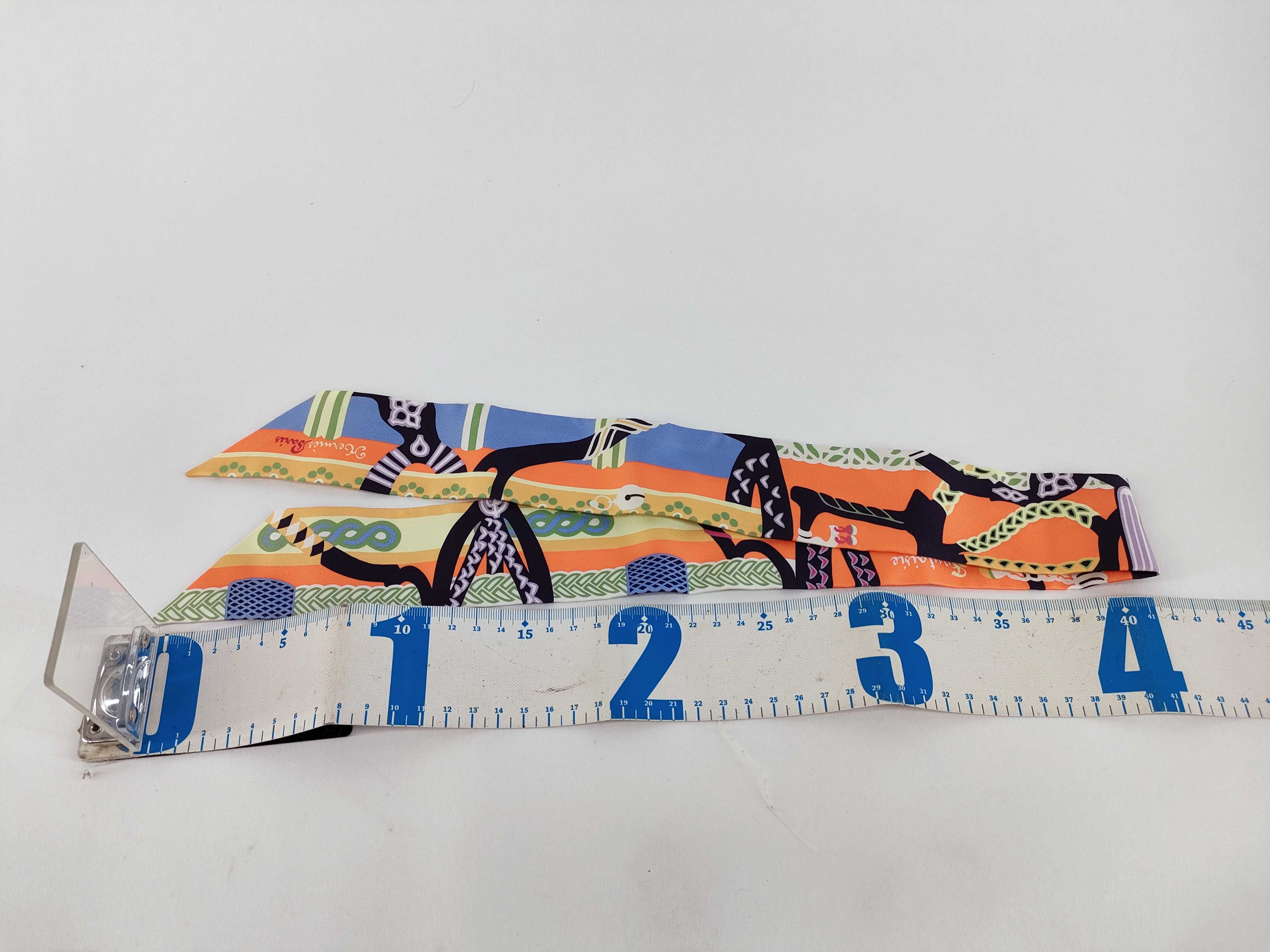 Hermes Orange and Navy Equestrian Motif Silk Twilly Scarf