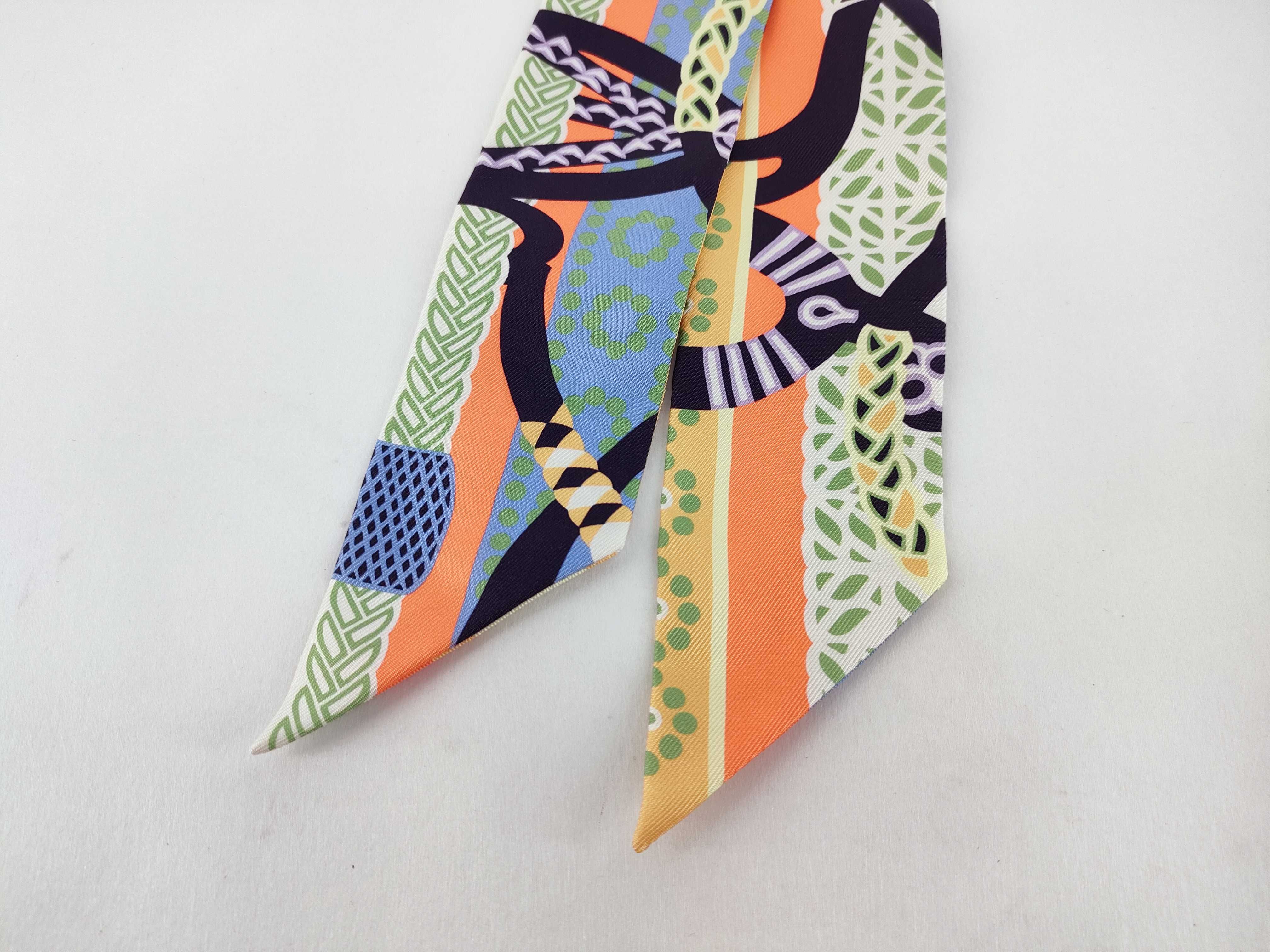 Hermes Orange and Navy Equestrian Motif Silk Twilly Scarf