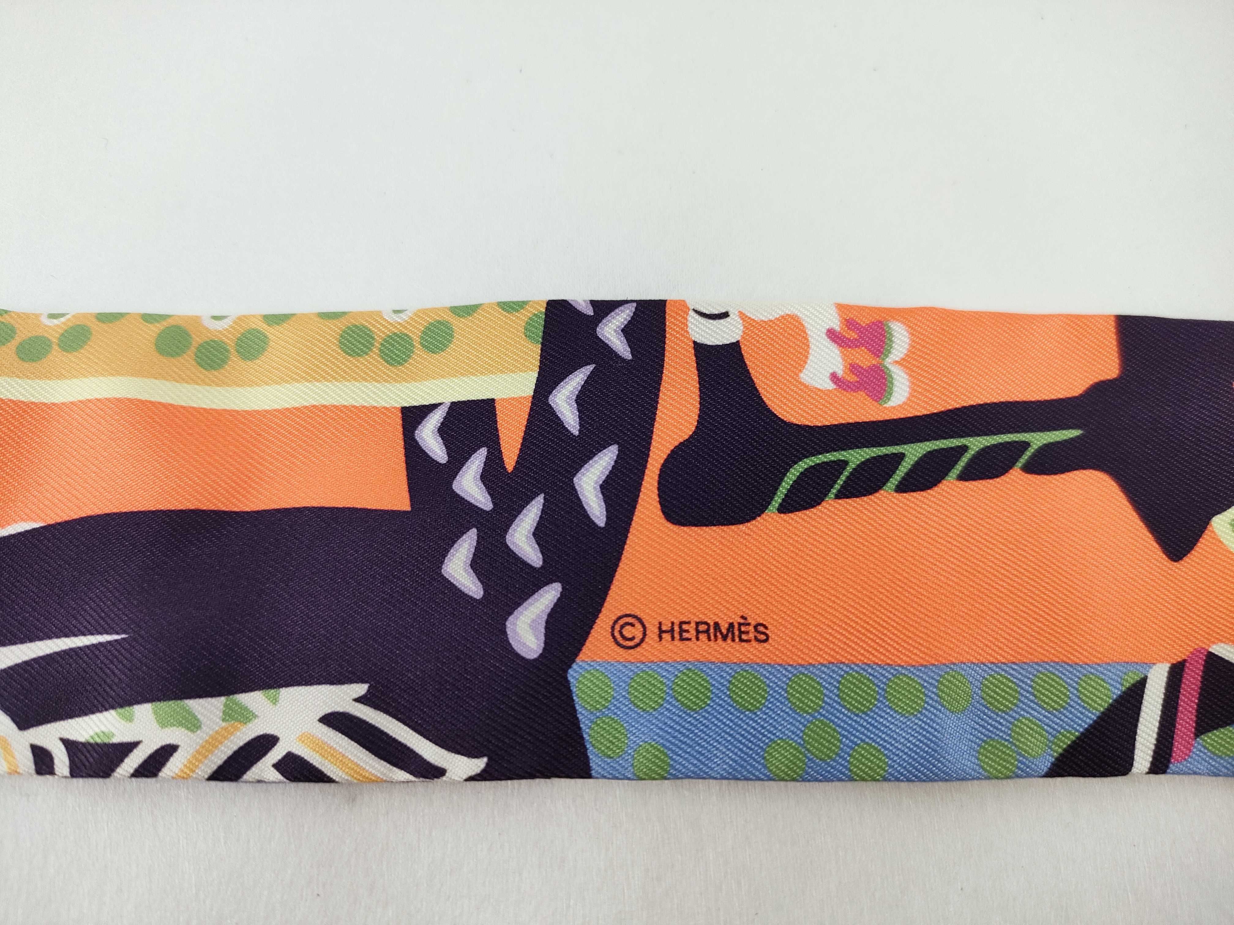 Hermes Orange and Navy Equestrian Motif Silk Twilly Scarf