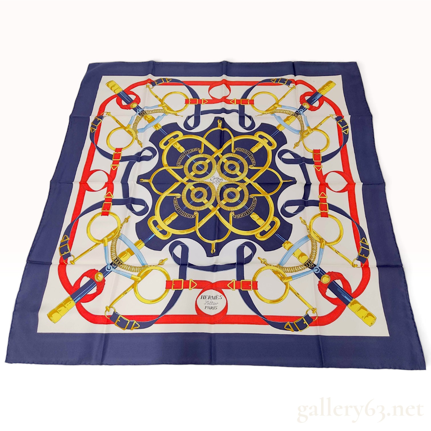 Hermes Eperon d'Or Navy Silk Carre 90