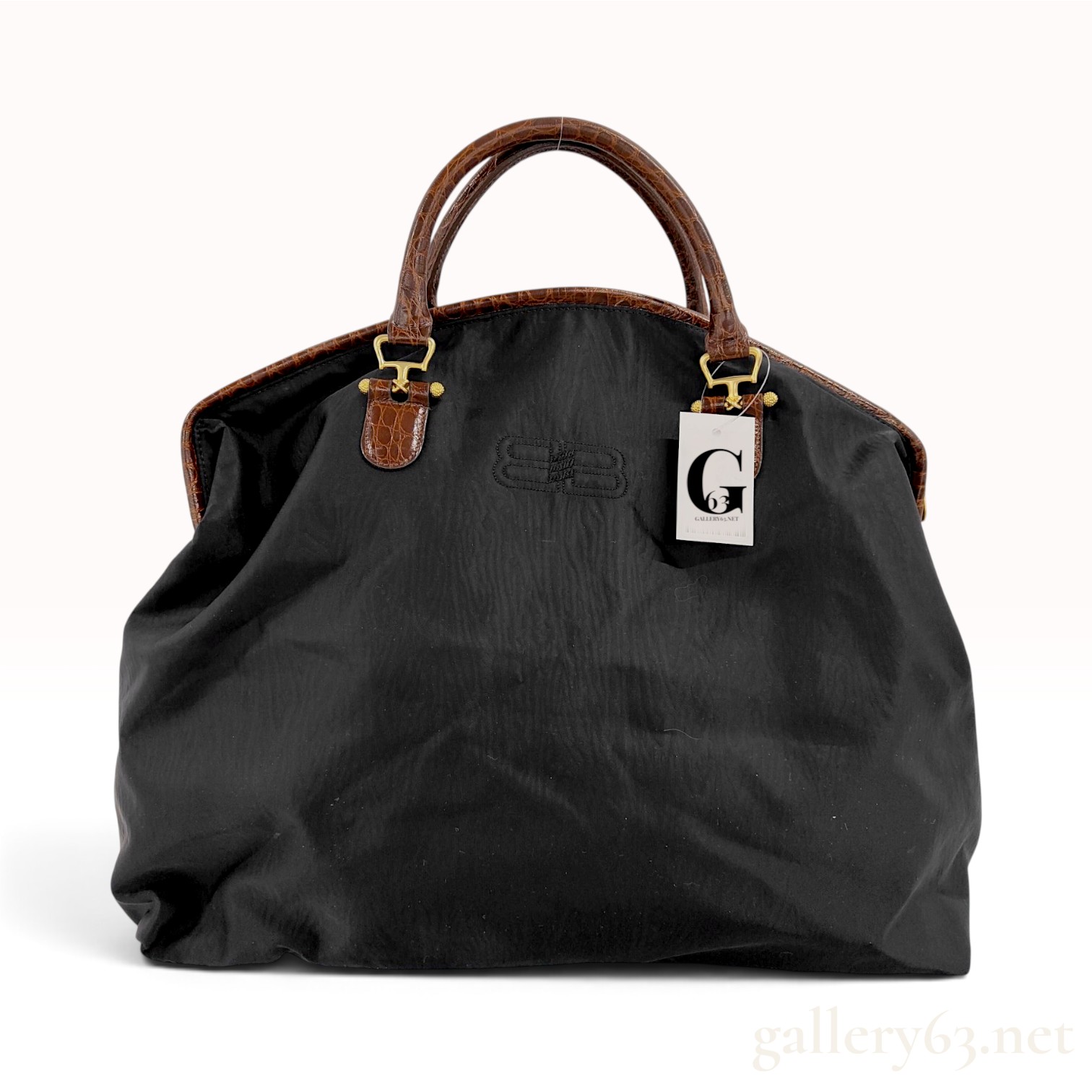 Vintage Balenciaga Black Nylon and Crocodile-Embossed Leather Boston Travel Bag